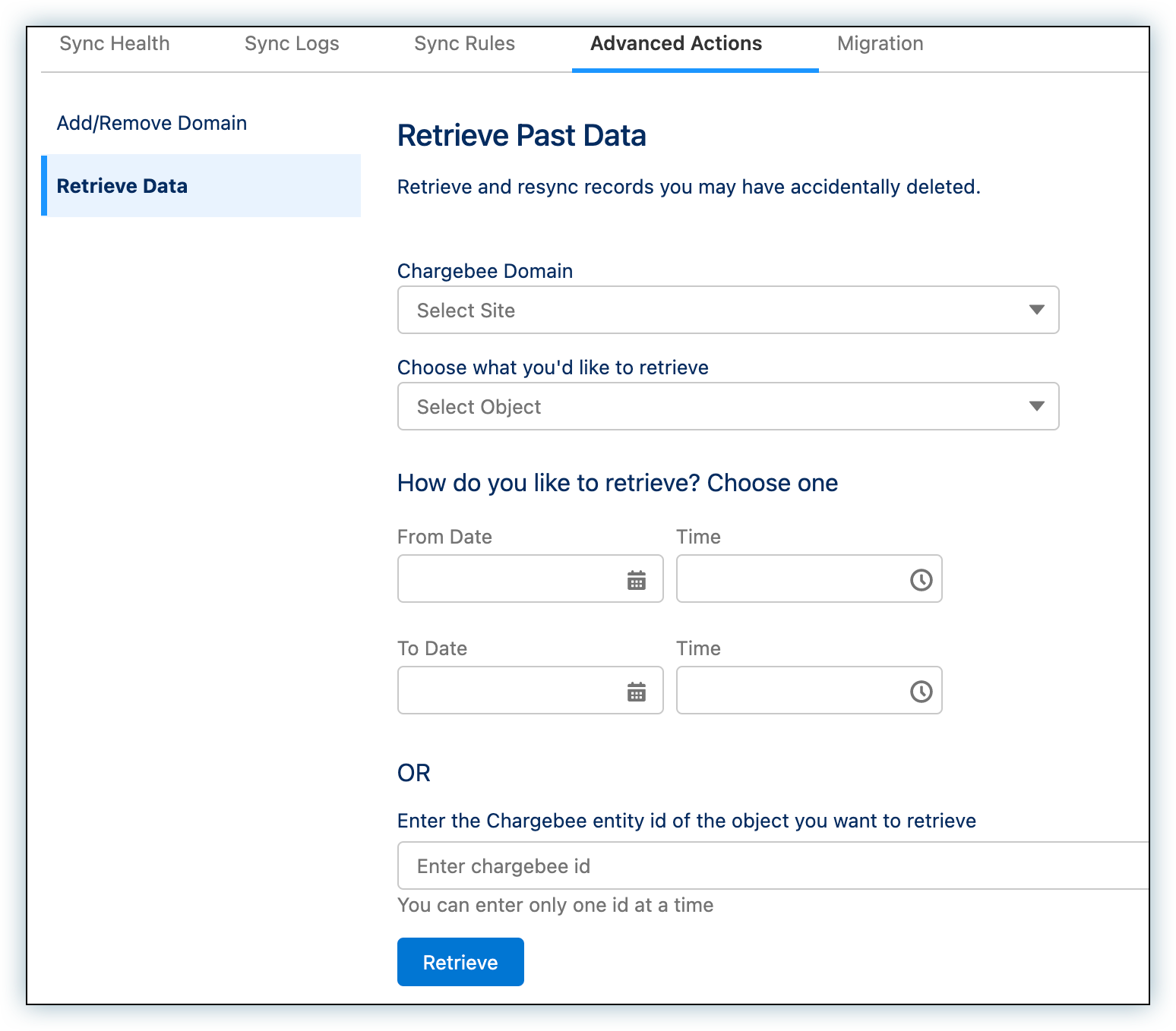 Retrieve Data under Advanced Actions, with the Retrieve button