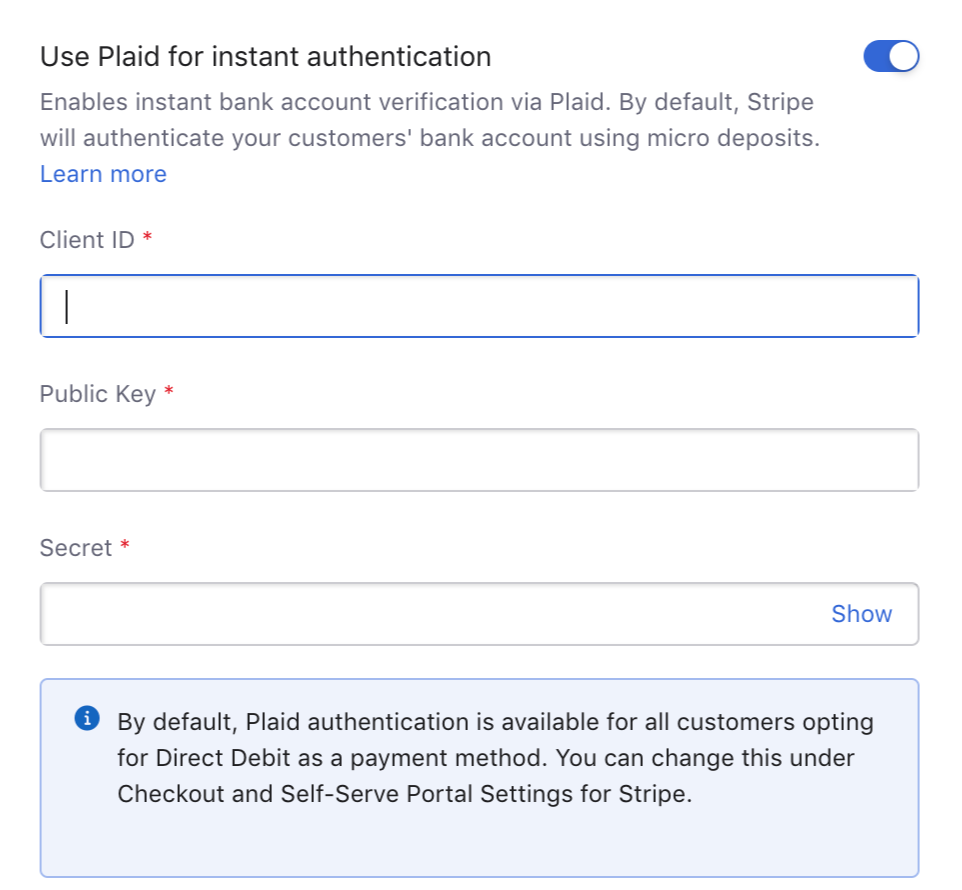 Use Plaid for instant authentication toggle on the Stripe gateway page