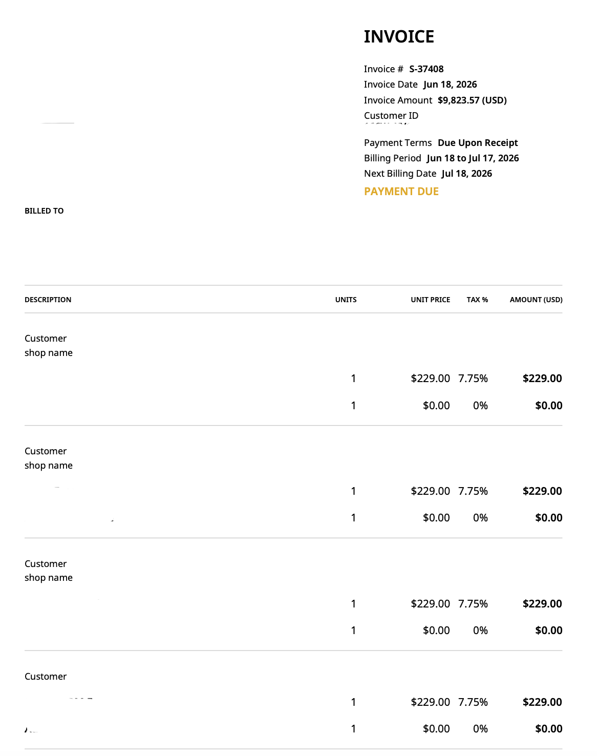 Invoice PDF with a Tax % column: 7.75% on a priced line and 0% on a zero-value line