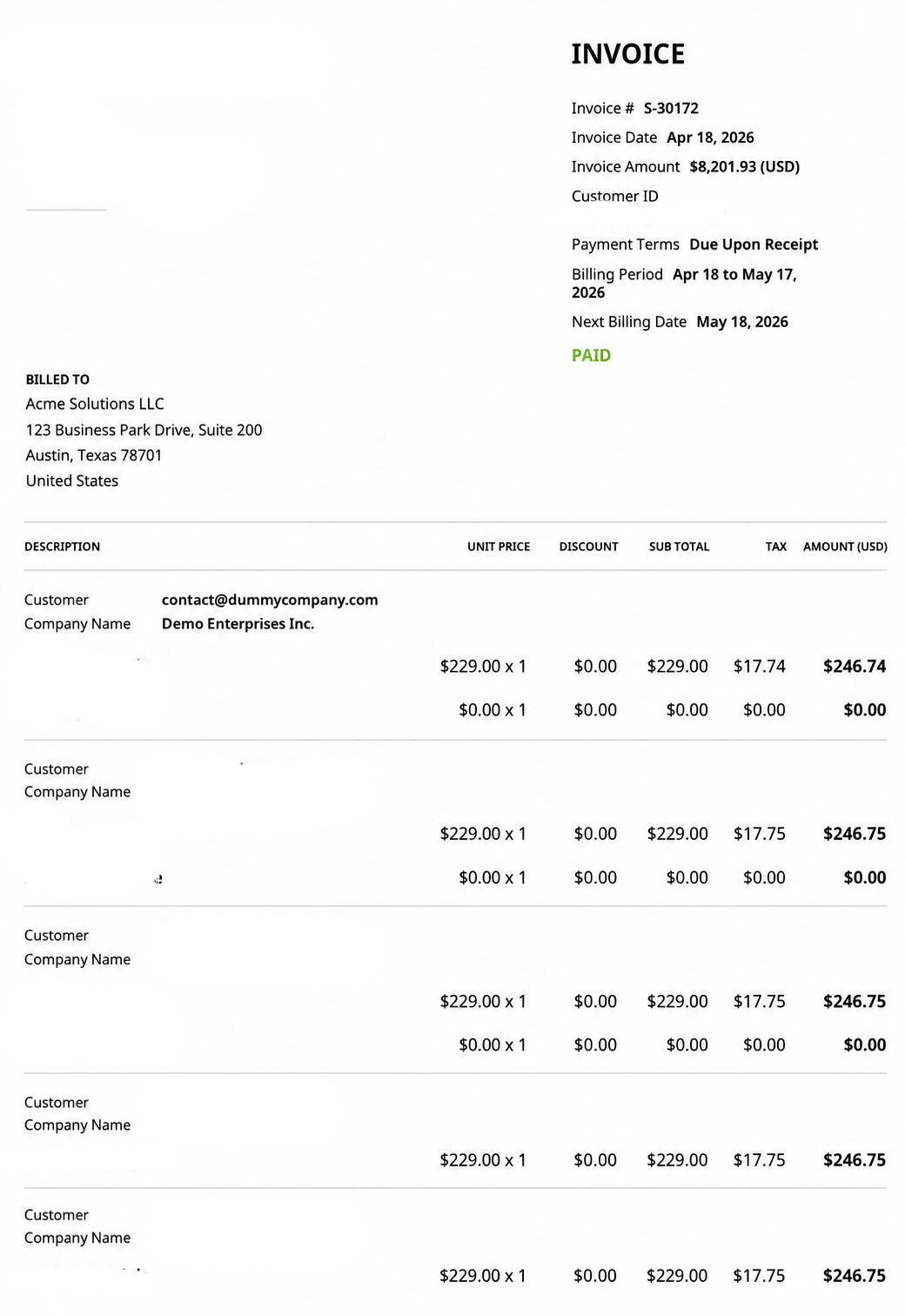 Invoice PDF after a 0.00 line-item discount, with Discount, Subtotal, and the tax shown as an amount