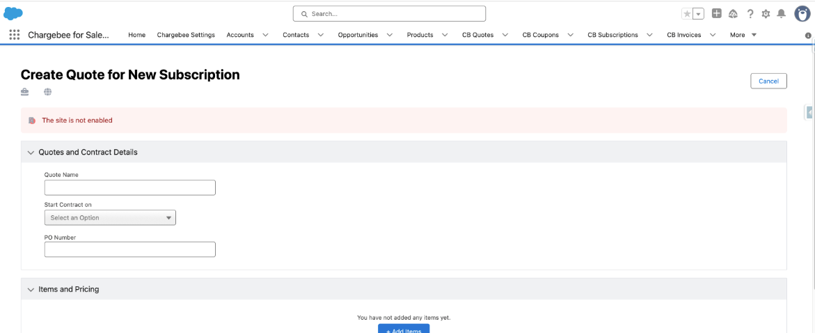 Site not enabled error shown in Salesforce when running a Chargebee action