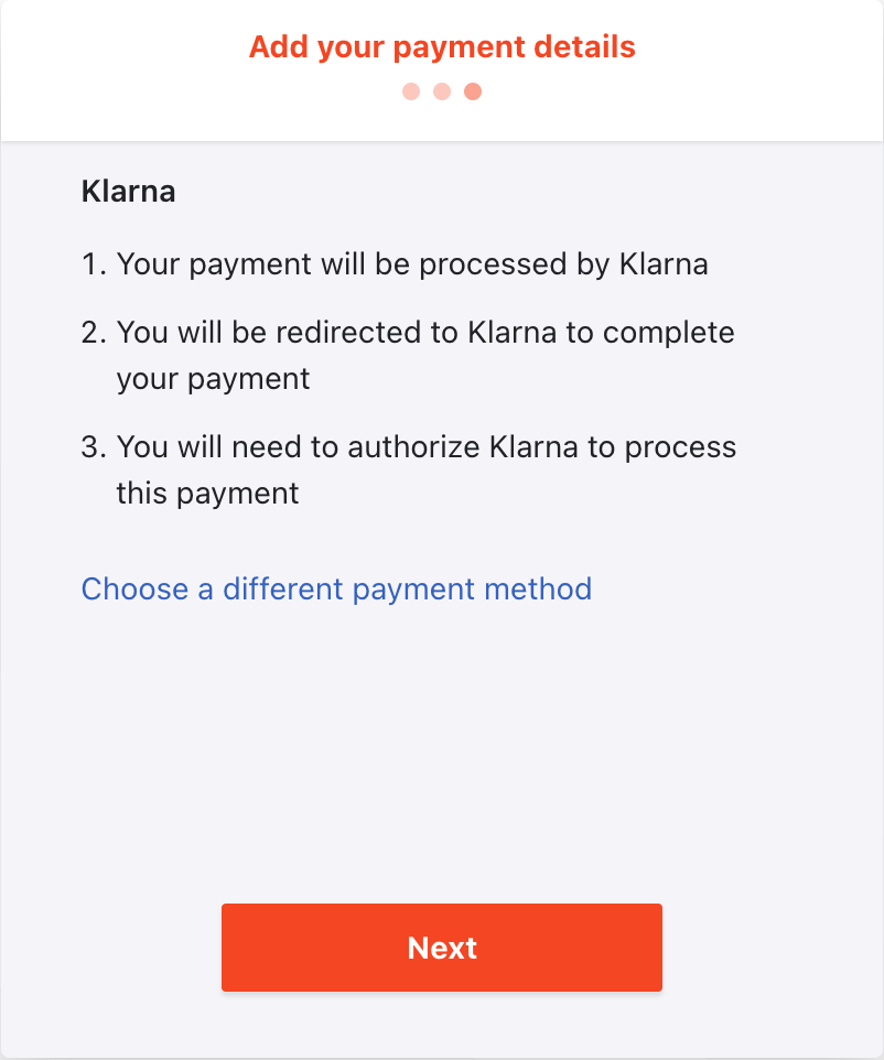 Checkout payment details page with Klarna selected as the payment method
