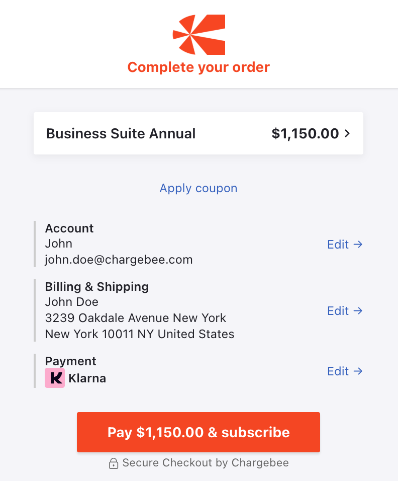 Order summary page with the Pay and Subscribe button