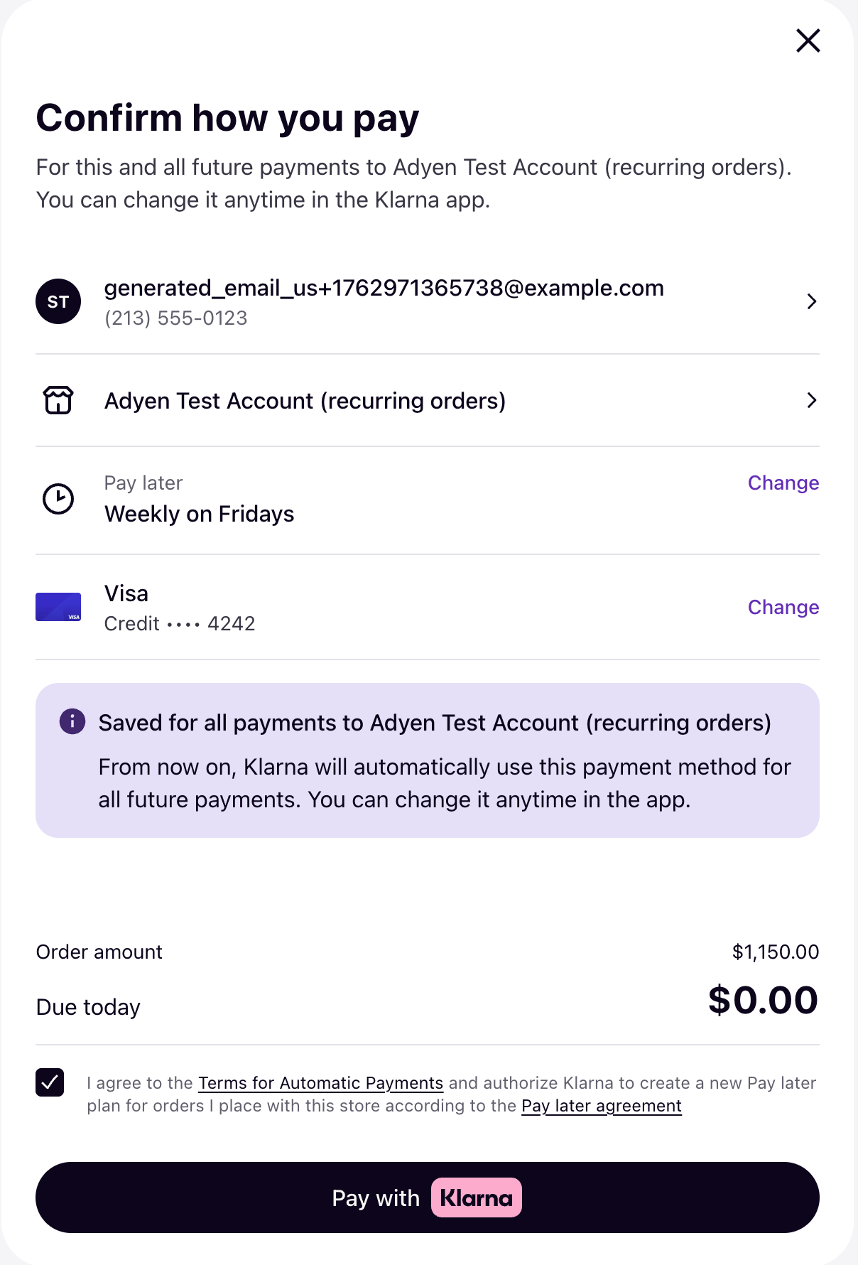 Klarna authorization screen confirming the payment details
