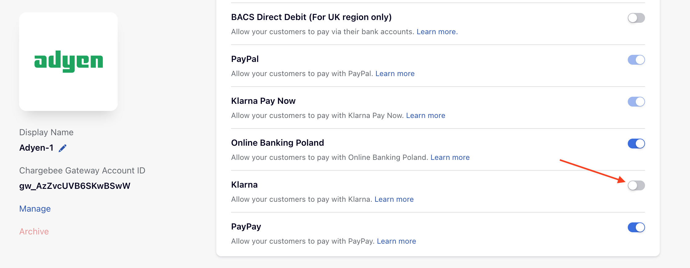 Adyen payment gateway settings in Chargebee with the Klarna option enabled