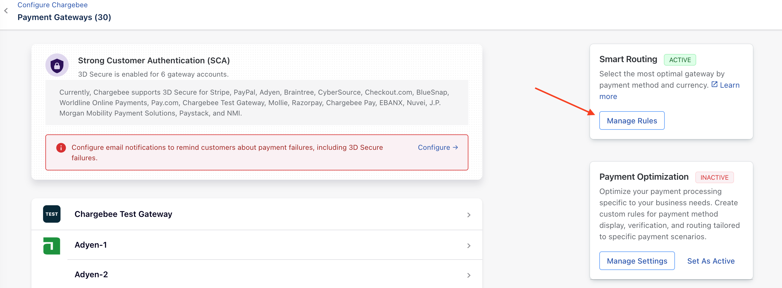 Payment Gateways page showing the Manage Rules option under Smart Routing