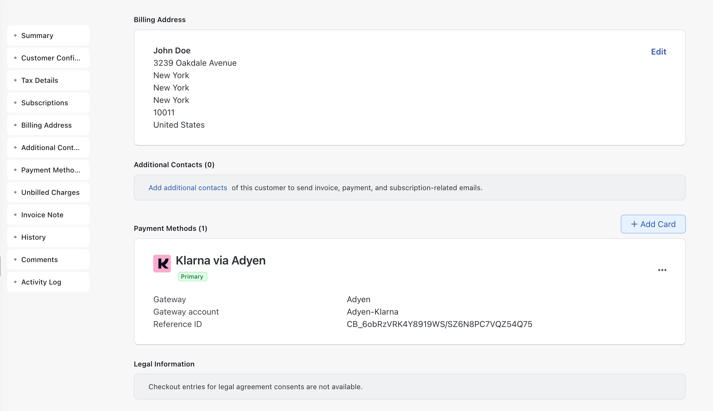 Subscription details page showing the Klarna payment method and the Transactions tab