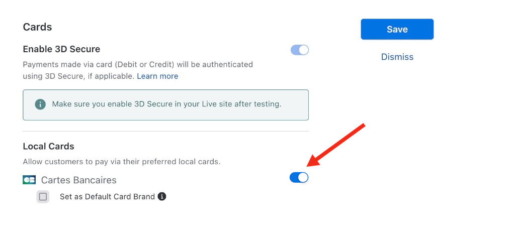 Cartes Bancaires toggle and Set as Default Card Brand checkbox under Local Cards in the Chargebee Pay card settings