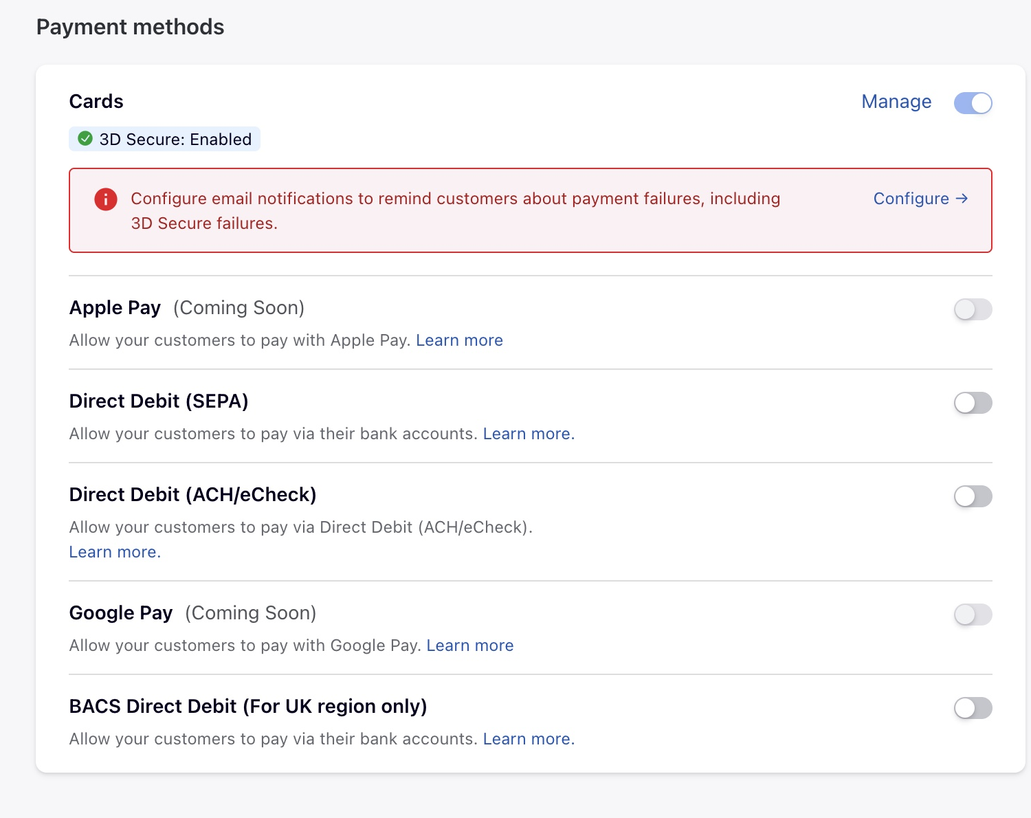 Manage link in the Cards section of the Chargebee Pay gateway configuration page
