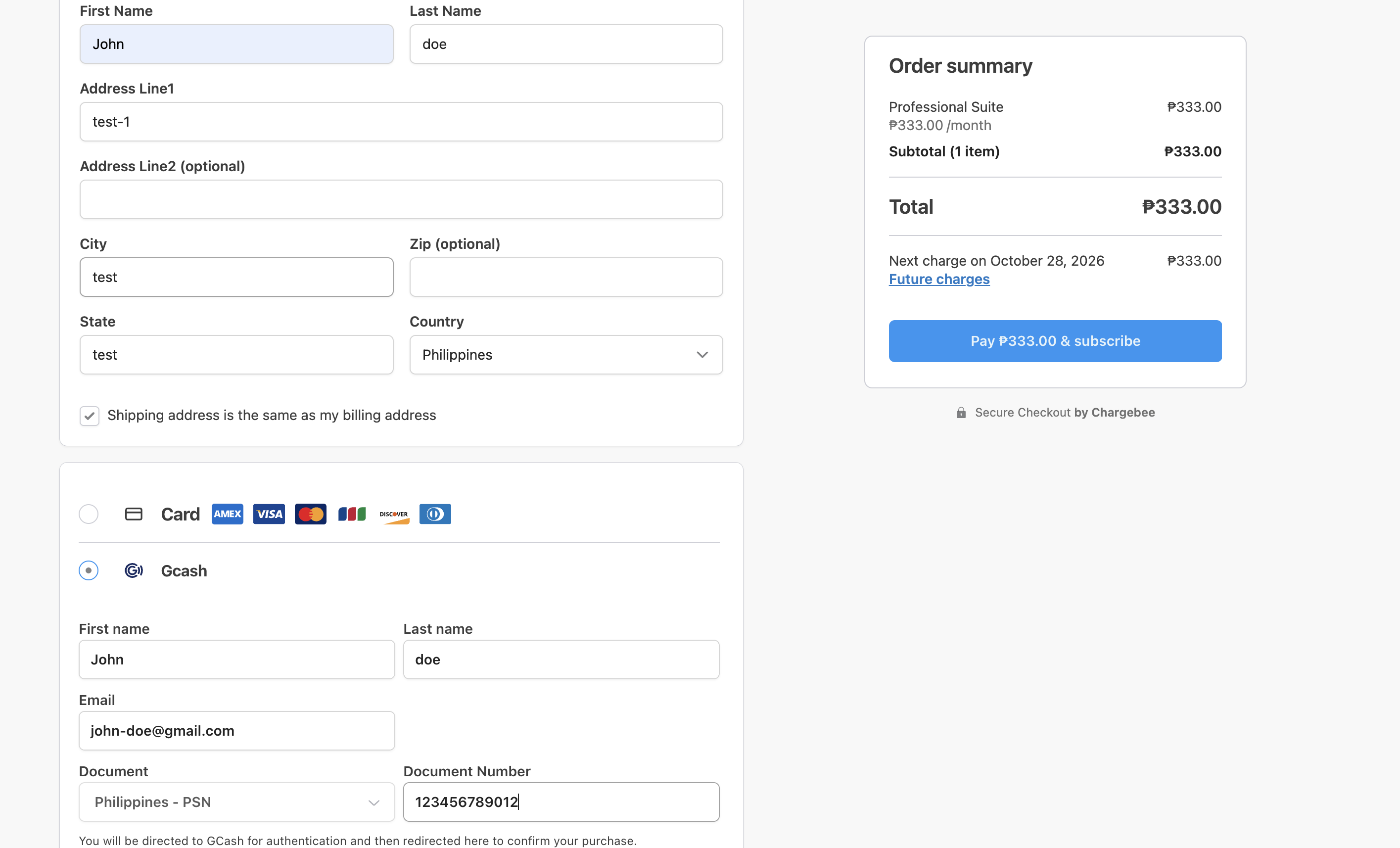 Checkout page with GCash selected as the payment method