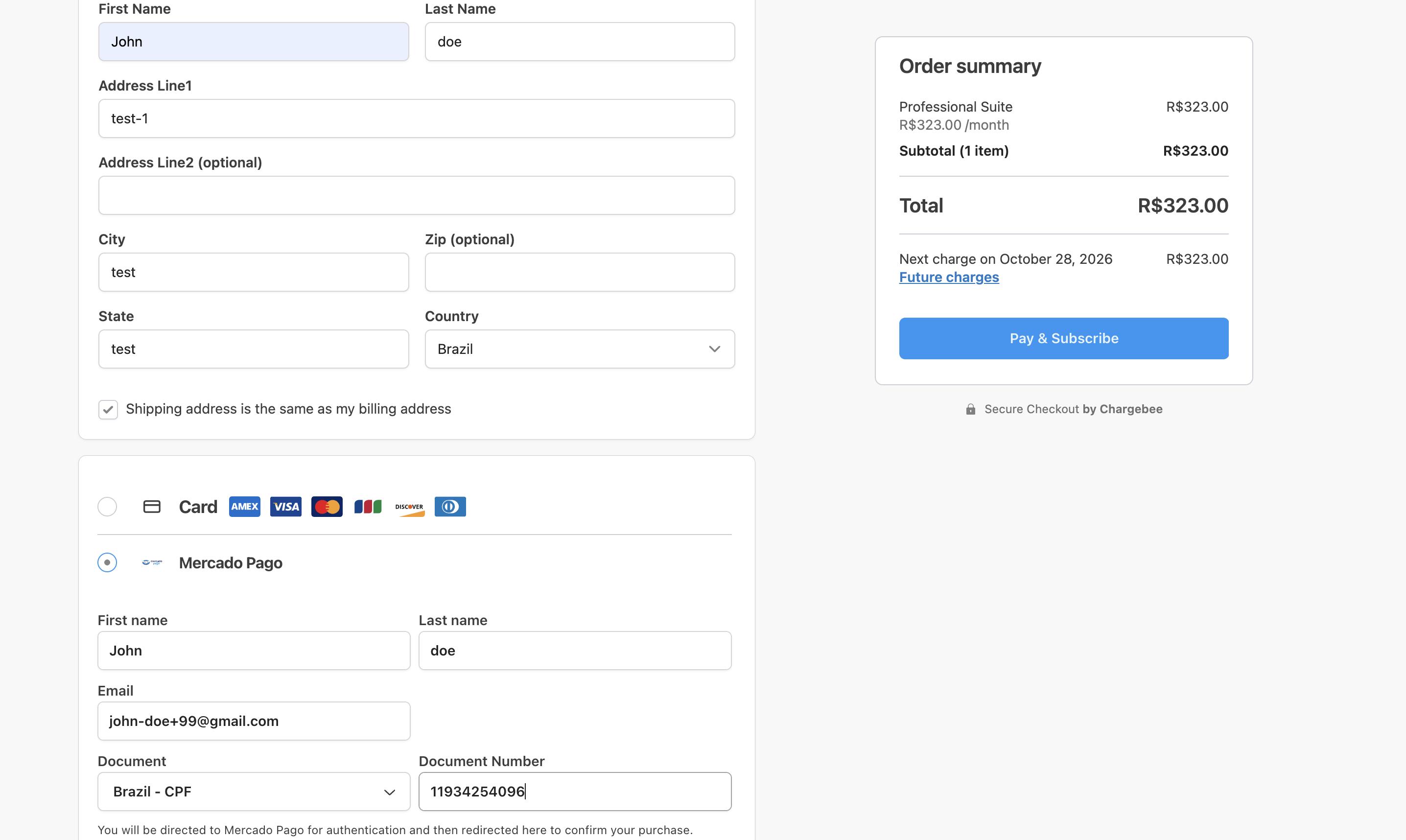 Checkout page with Mercado Pago selected as the payment method