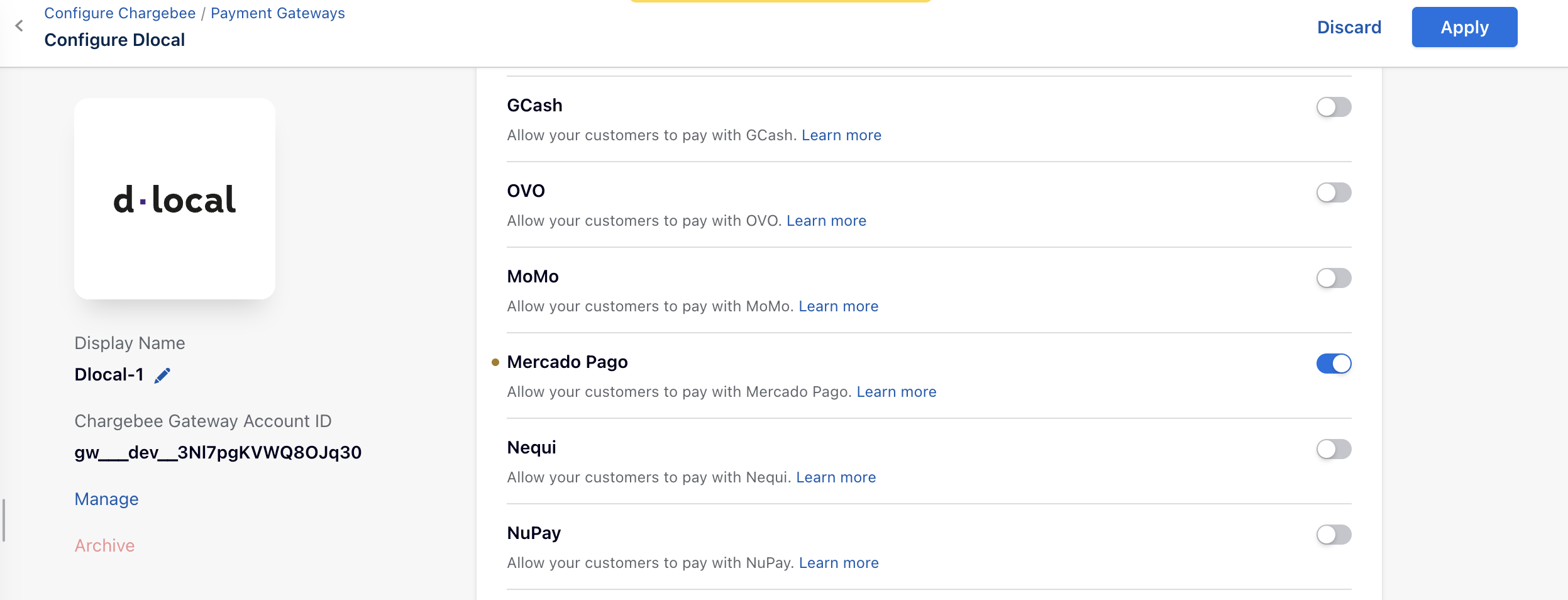 Mercado Pago turned on in the payment methods list on the Configure dLocal page