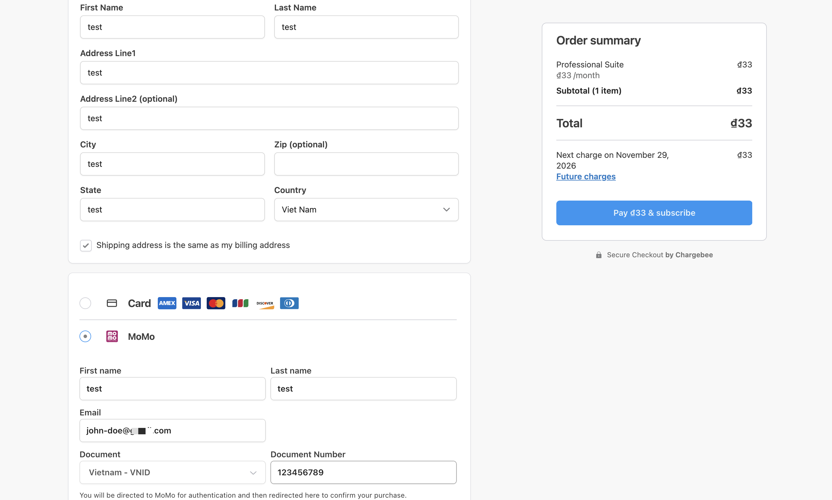 Checkout page with MoMo selected as the payment method