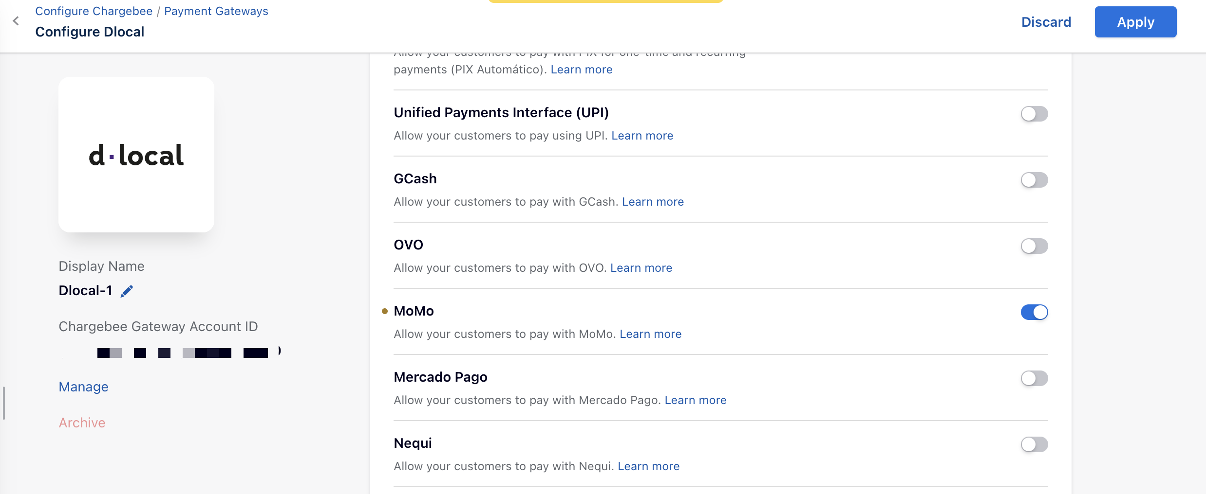 MoMo turned on in the payment methods list on the Configure dLocal page