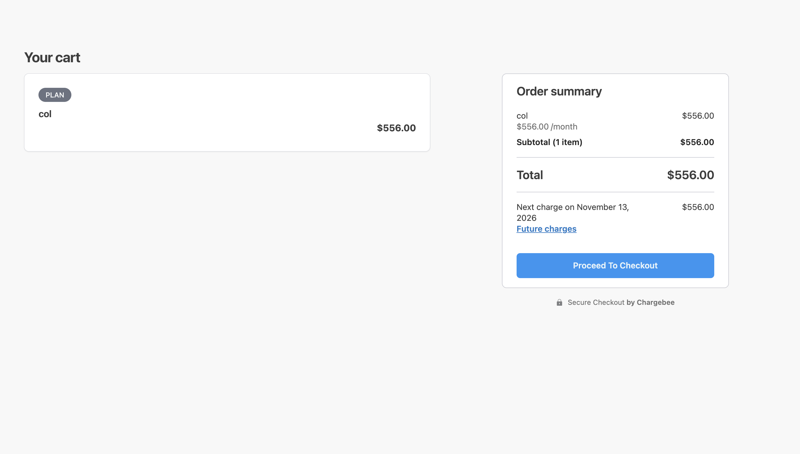 Customer reviews the cart and clicks Proceed to Checkout
