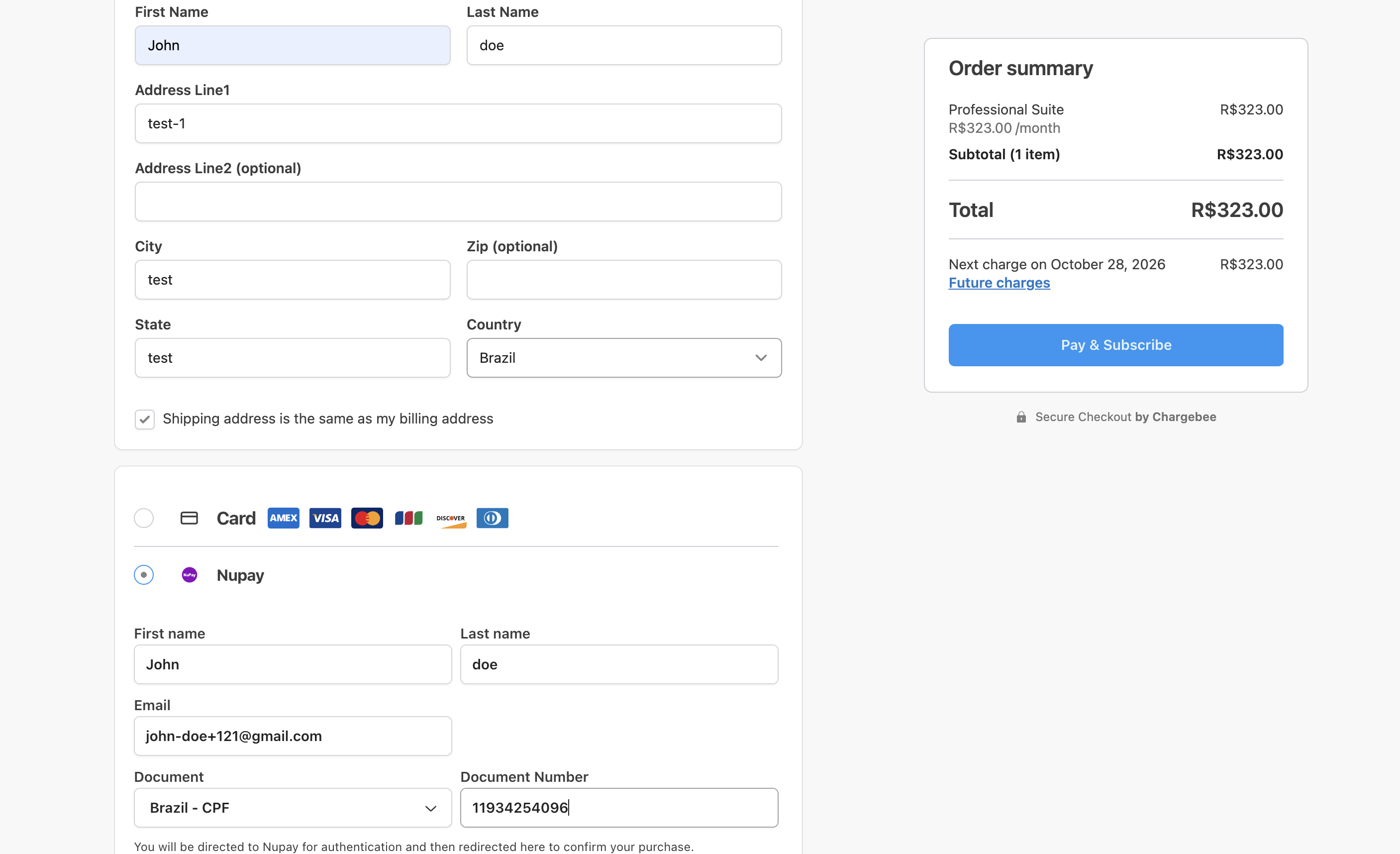 Checkout page with NuPay selected as the payment method