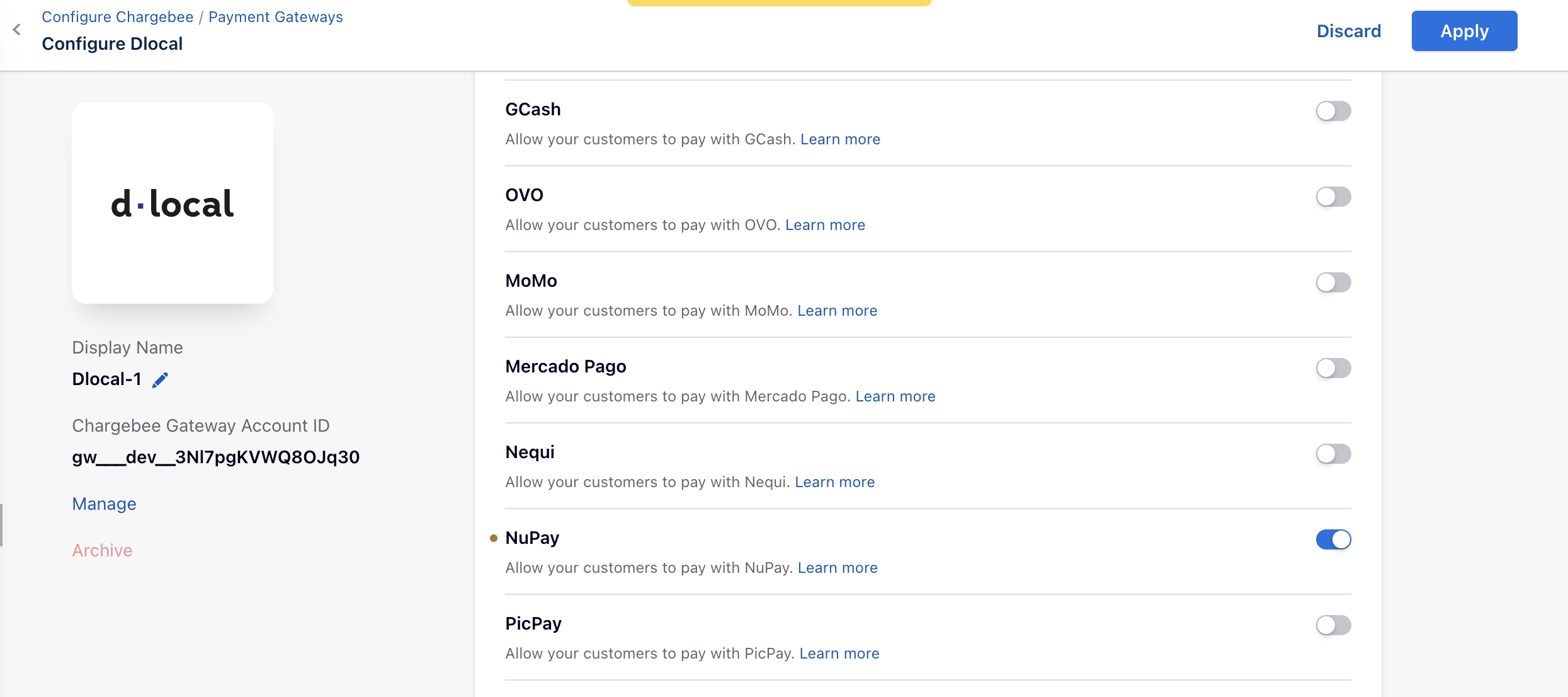 NuPay turned on in the payment methods list on the Configure dLocal page