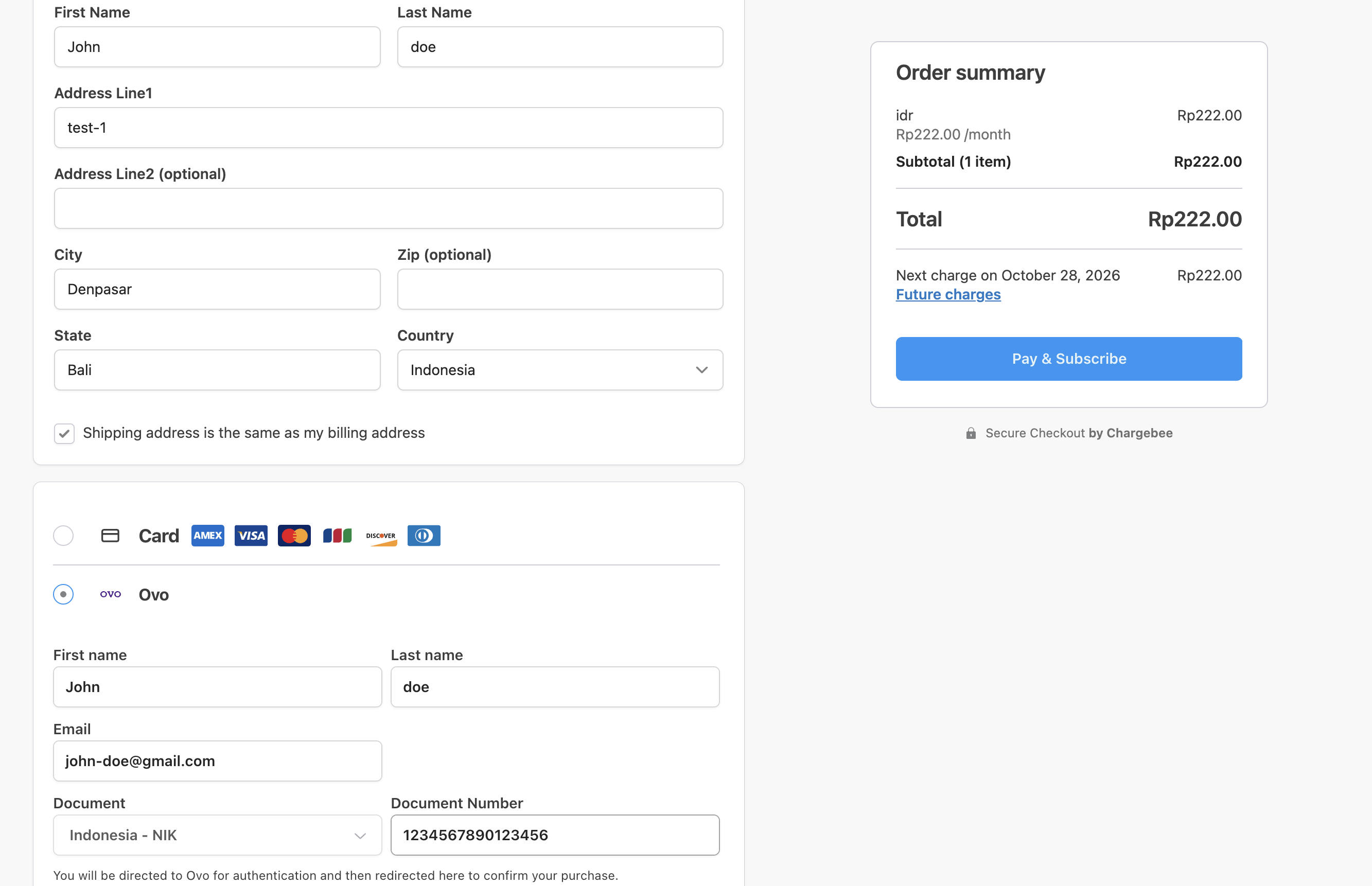 Checkout page with OVO selected as the payment method