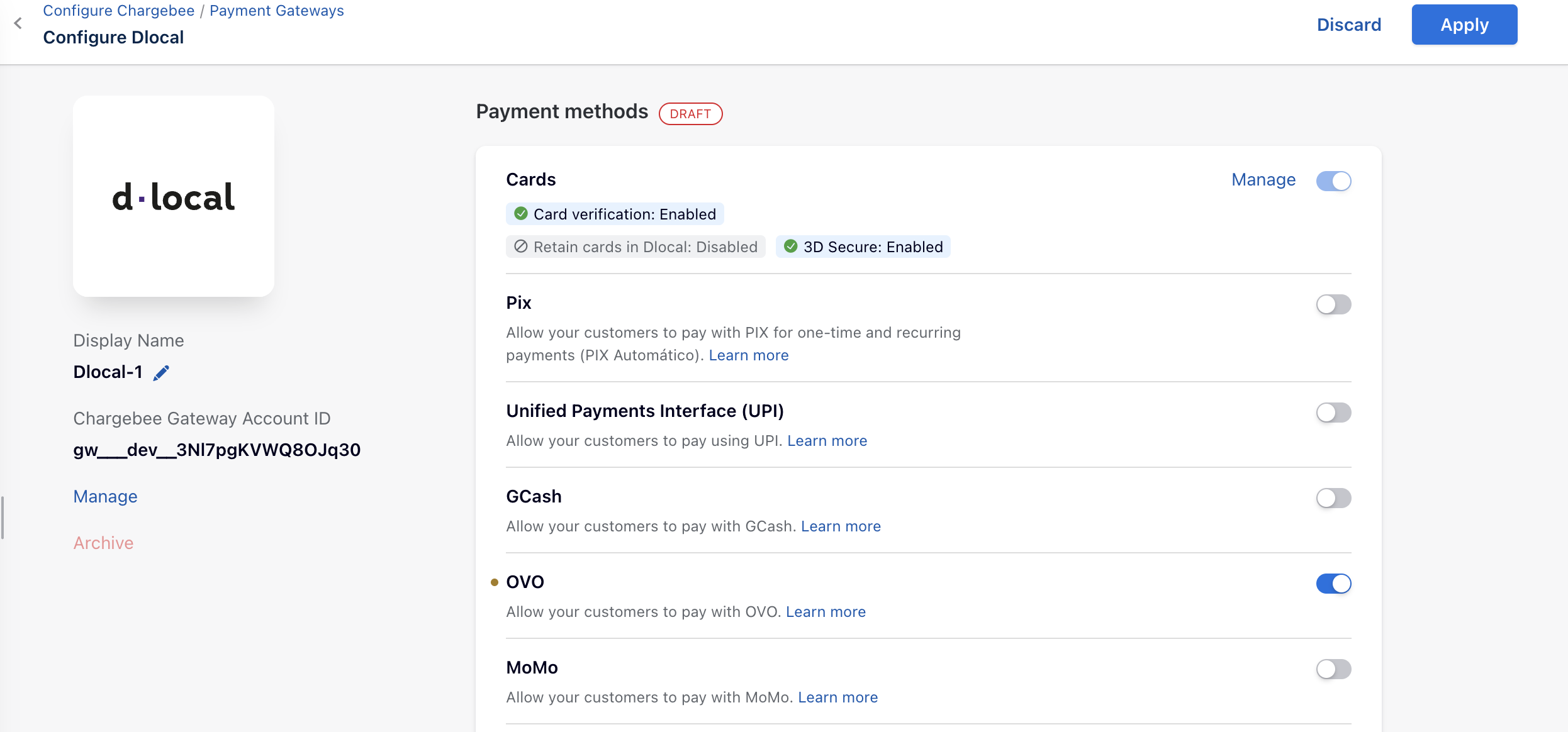 OVO turned on in the payment methods list on the Configure dLocal page