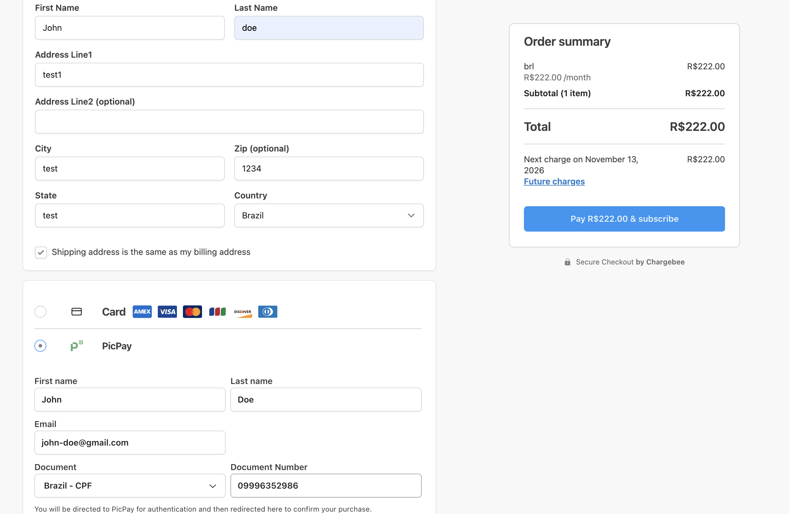 Checkout page with PicPay selected as the payment method