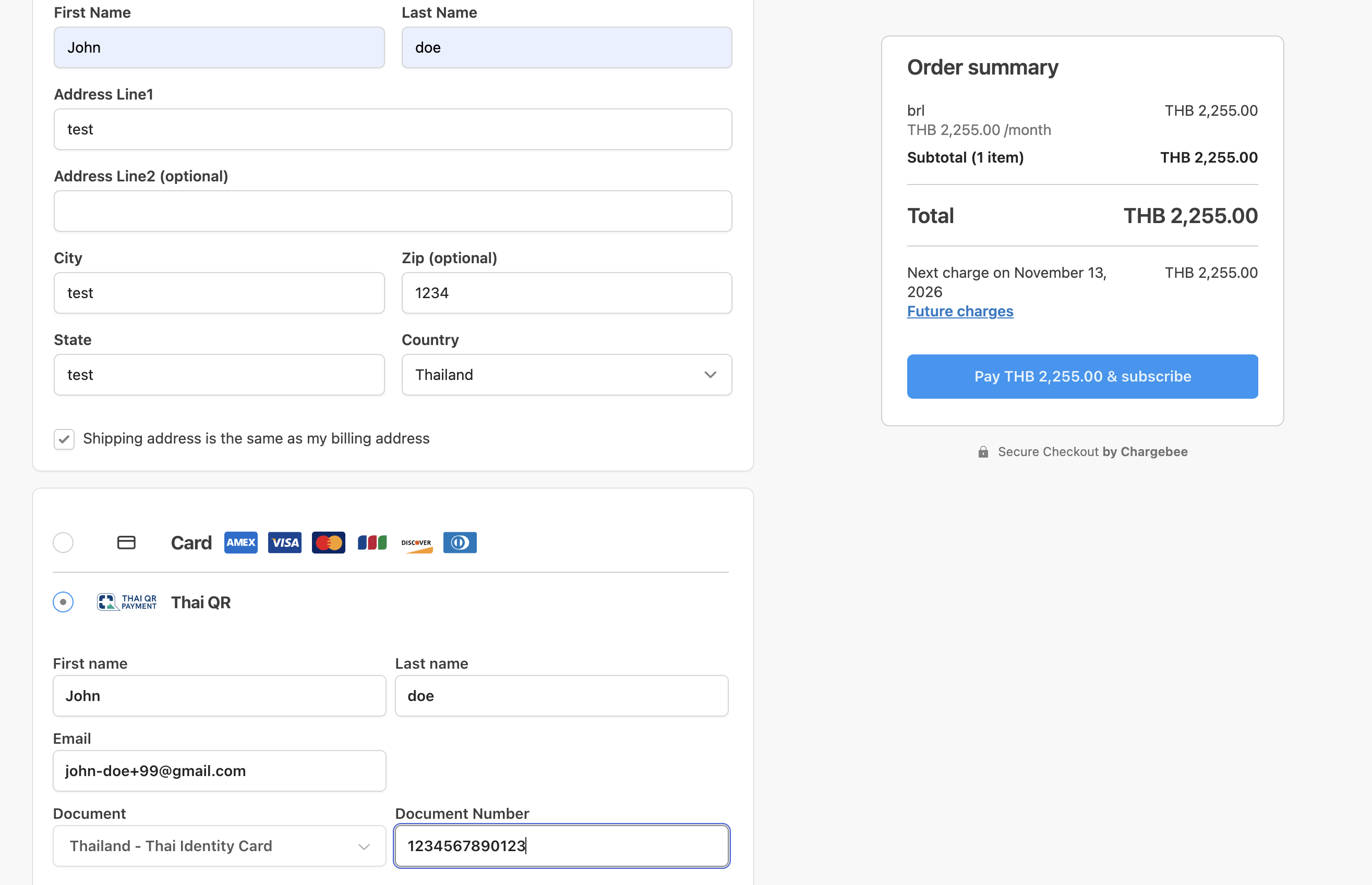 Checkout page displaying the Thai QR code to be scanned