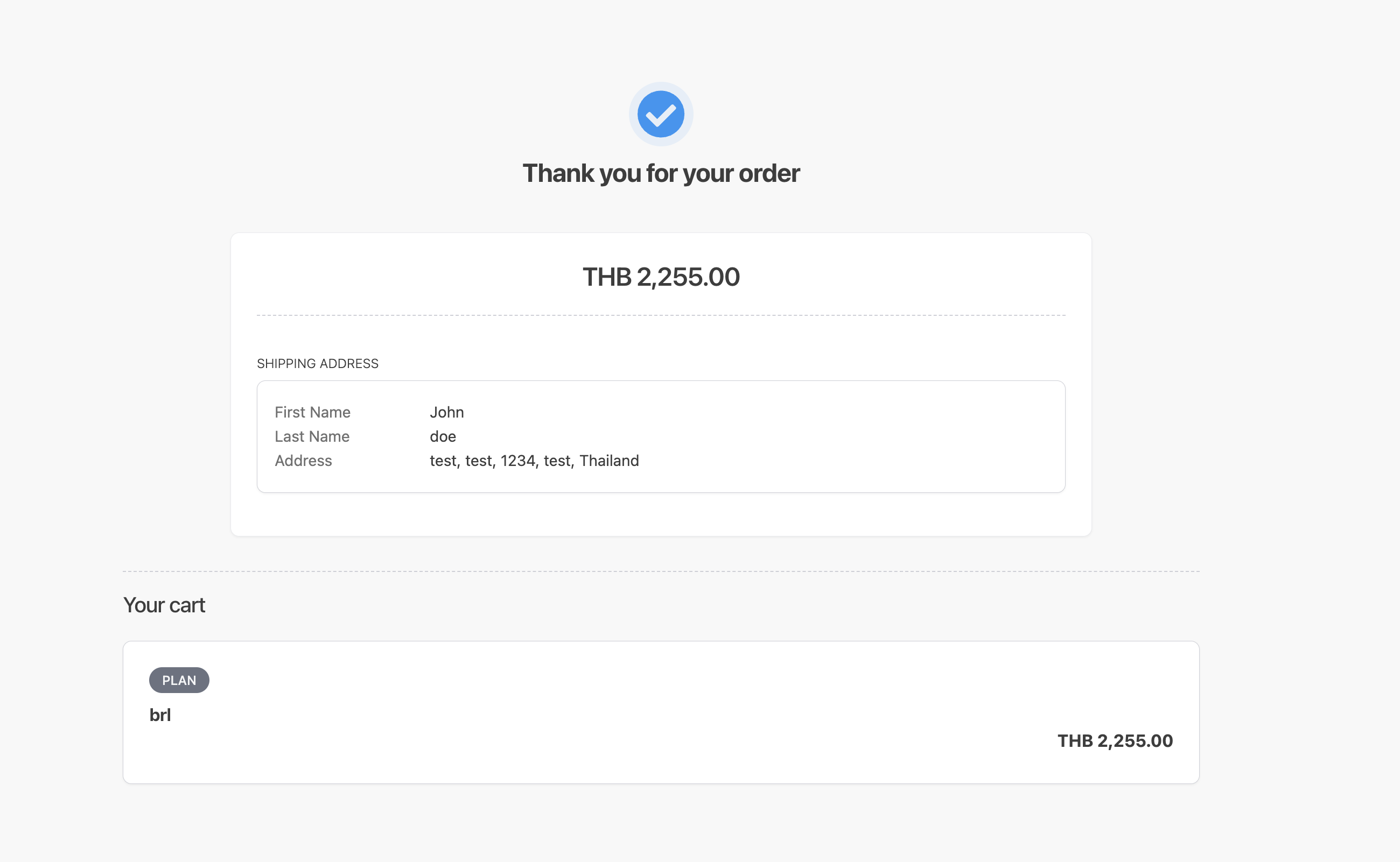 Order confirmation page after the Thai QR payment is processed