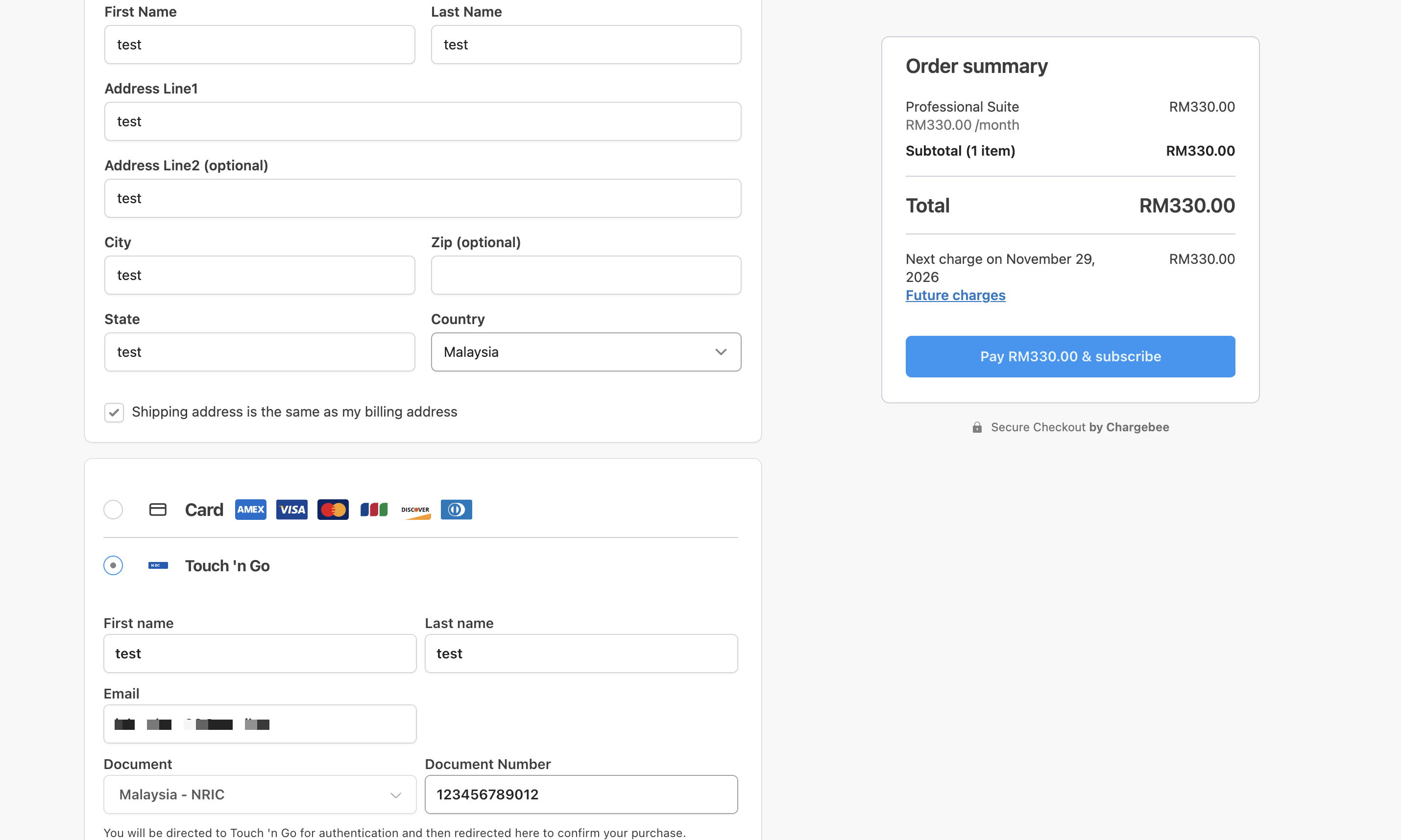 Checkout page with Touch 'n Go selected as the payment method