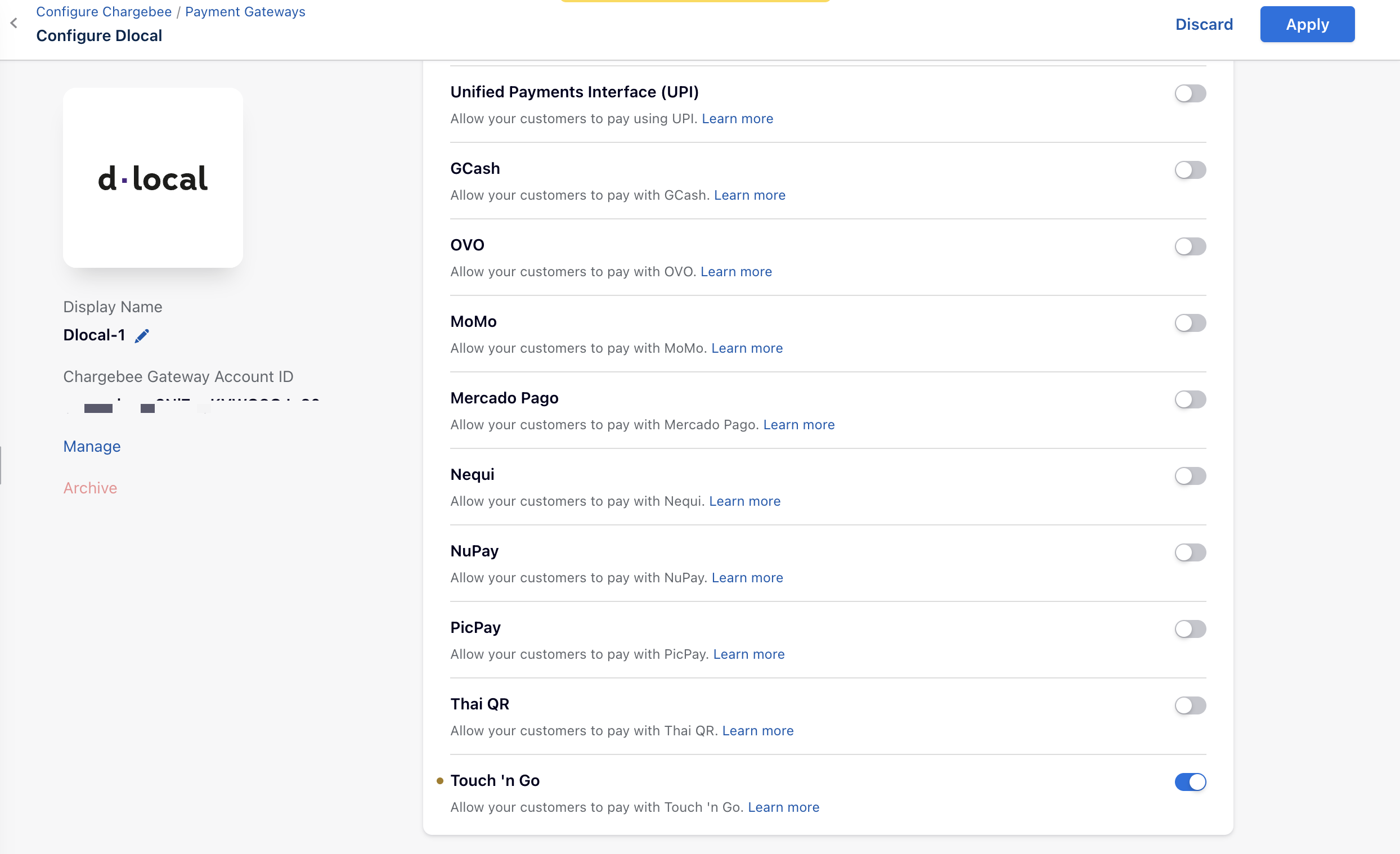 Touch 'n Go turned on in the payment methods list on the Configure dLocal page