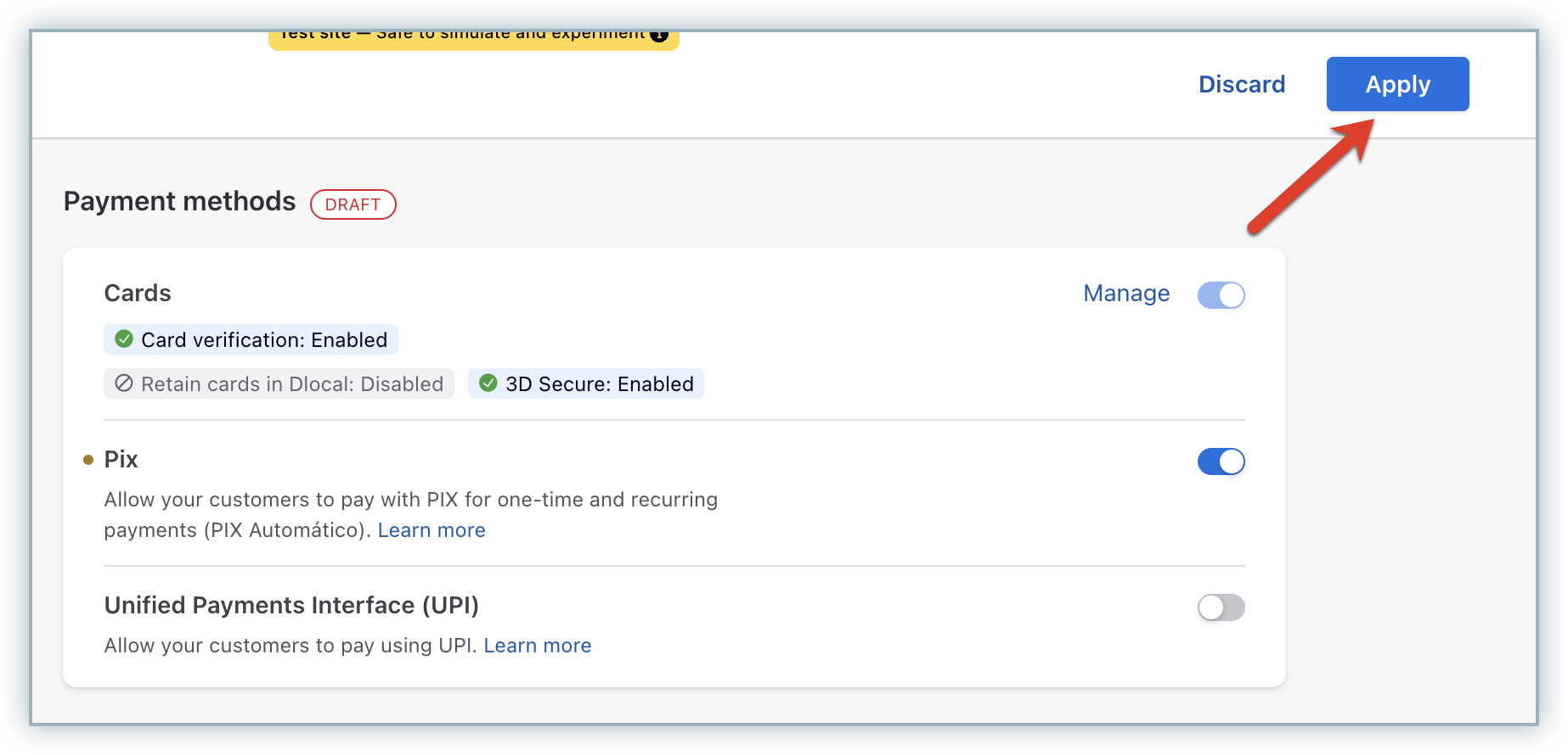 Apply button on the direct dLocal configuration page