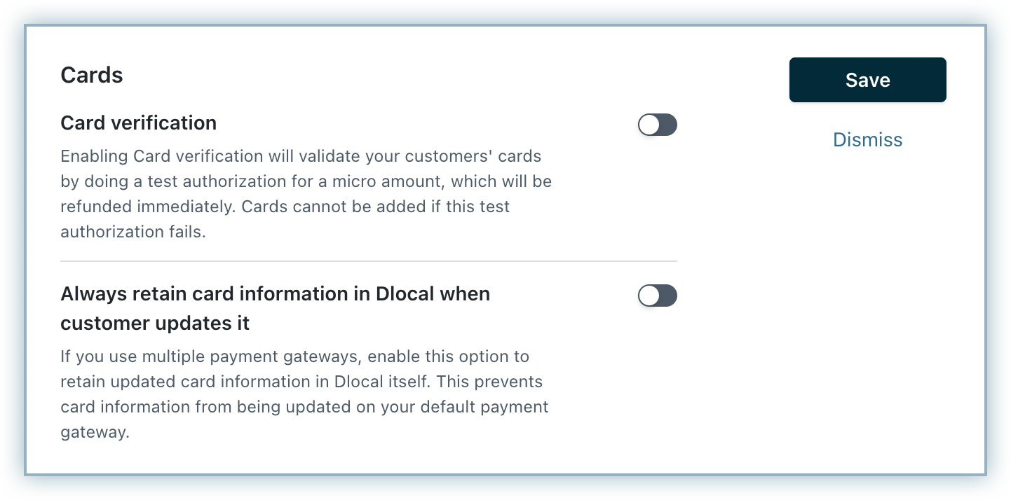 Cards settings with Card verification and the option to retain updated card information in dLocal