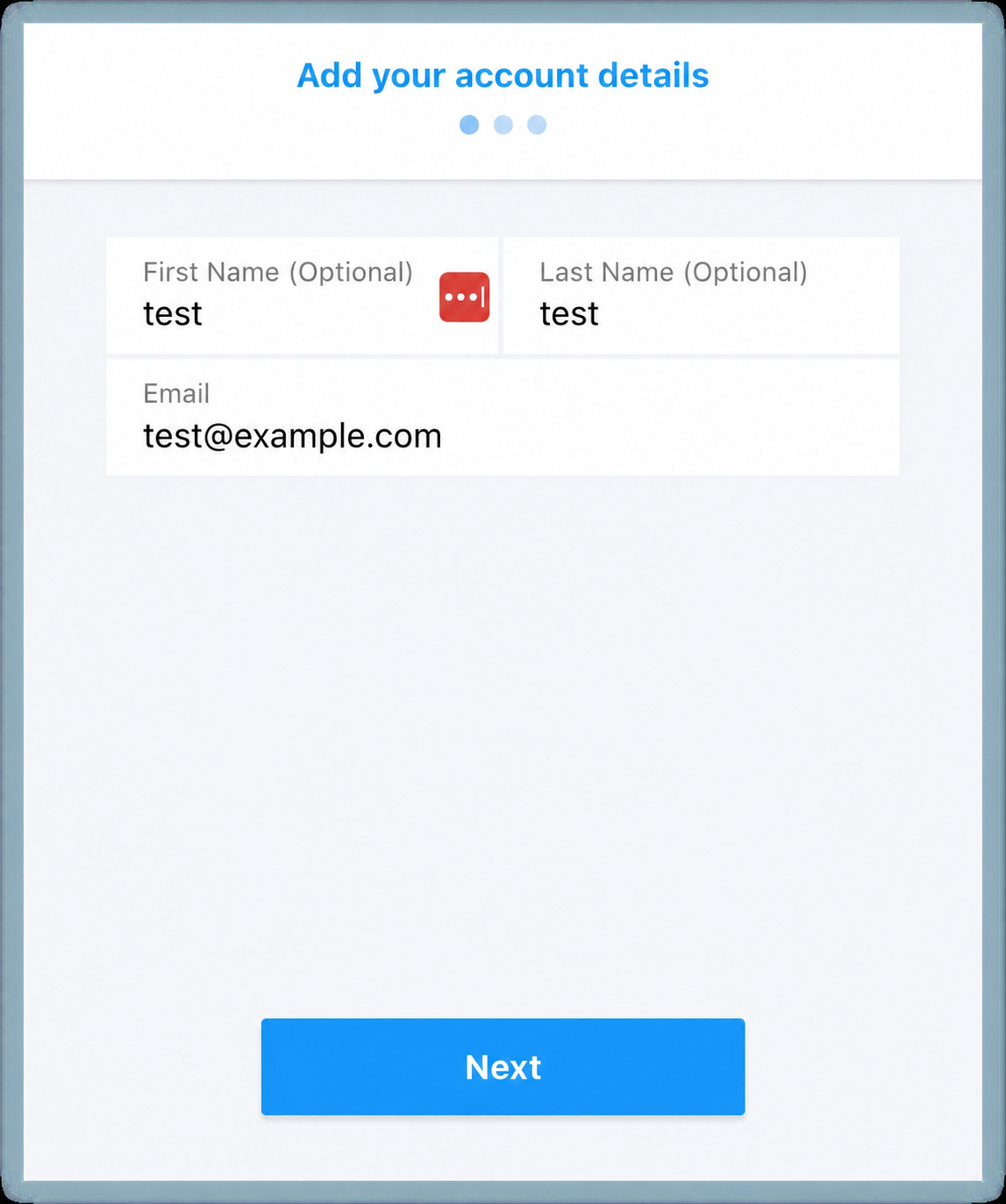 Checkout account details with test names and a placeholder email address