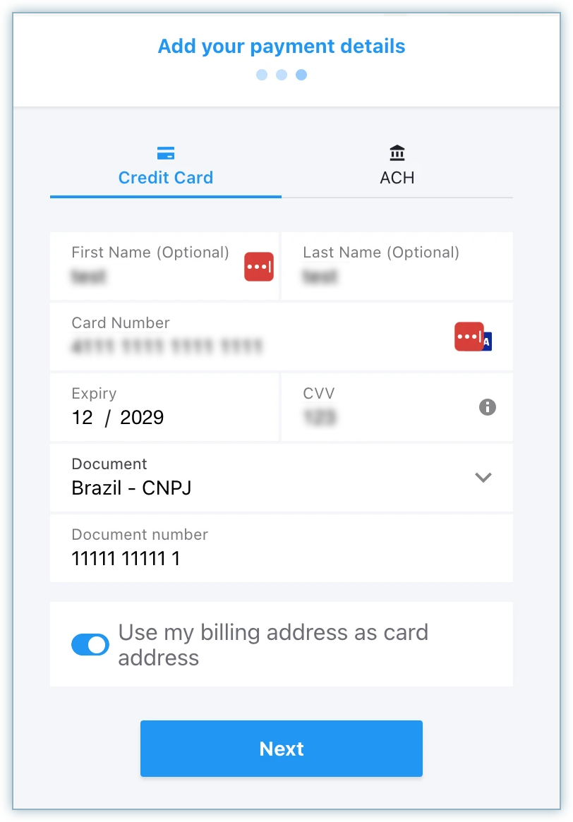 Card payment form with card details and the document number field