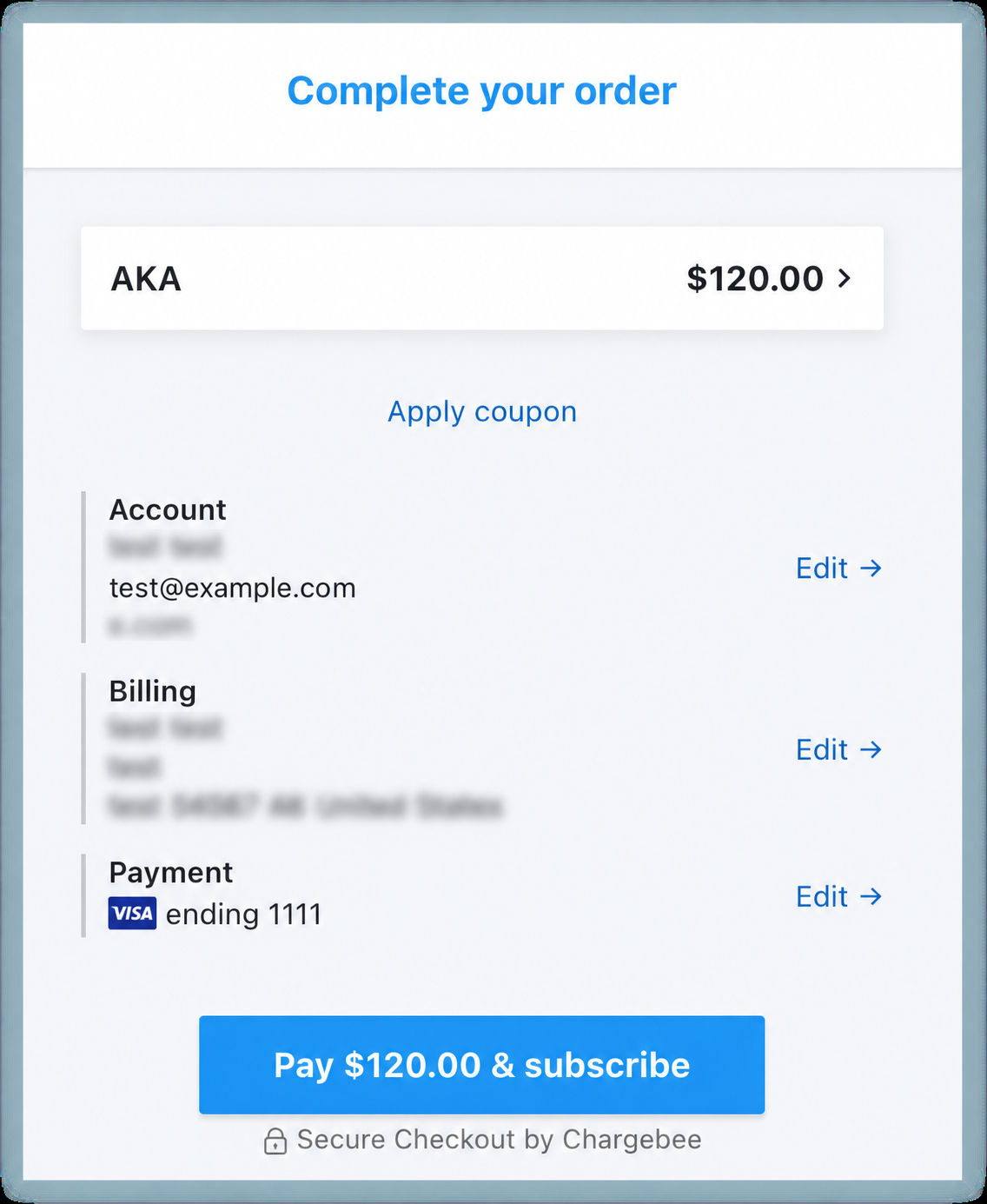Order review with placeholder account details, billing and payment summaries, and the Pay and subscribe button