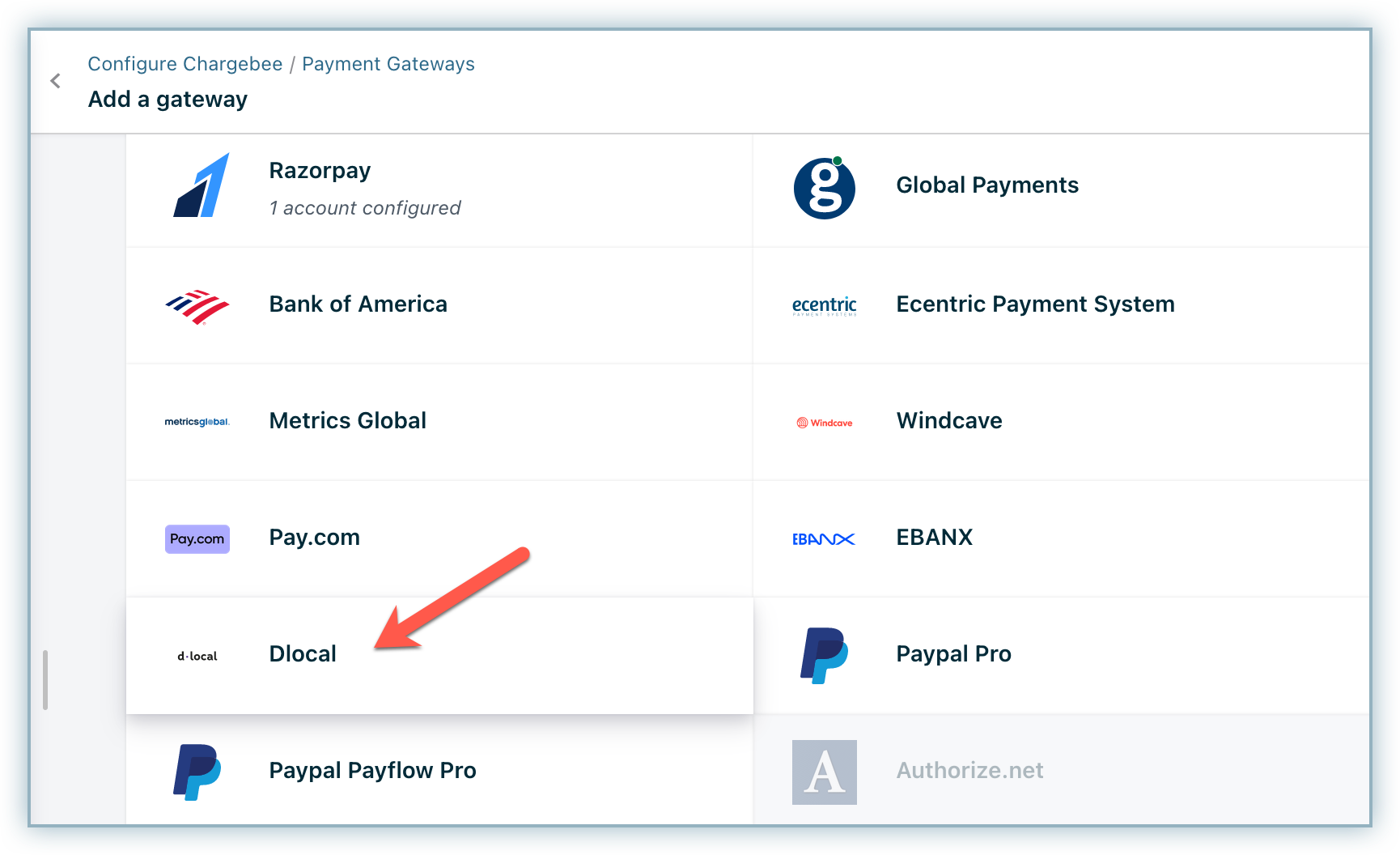 Add a gateway page in Chargebee with dLocal highlighted