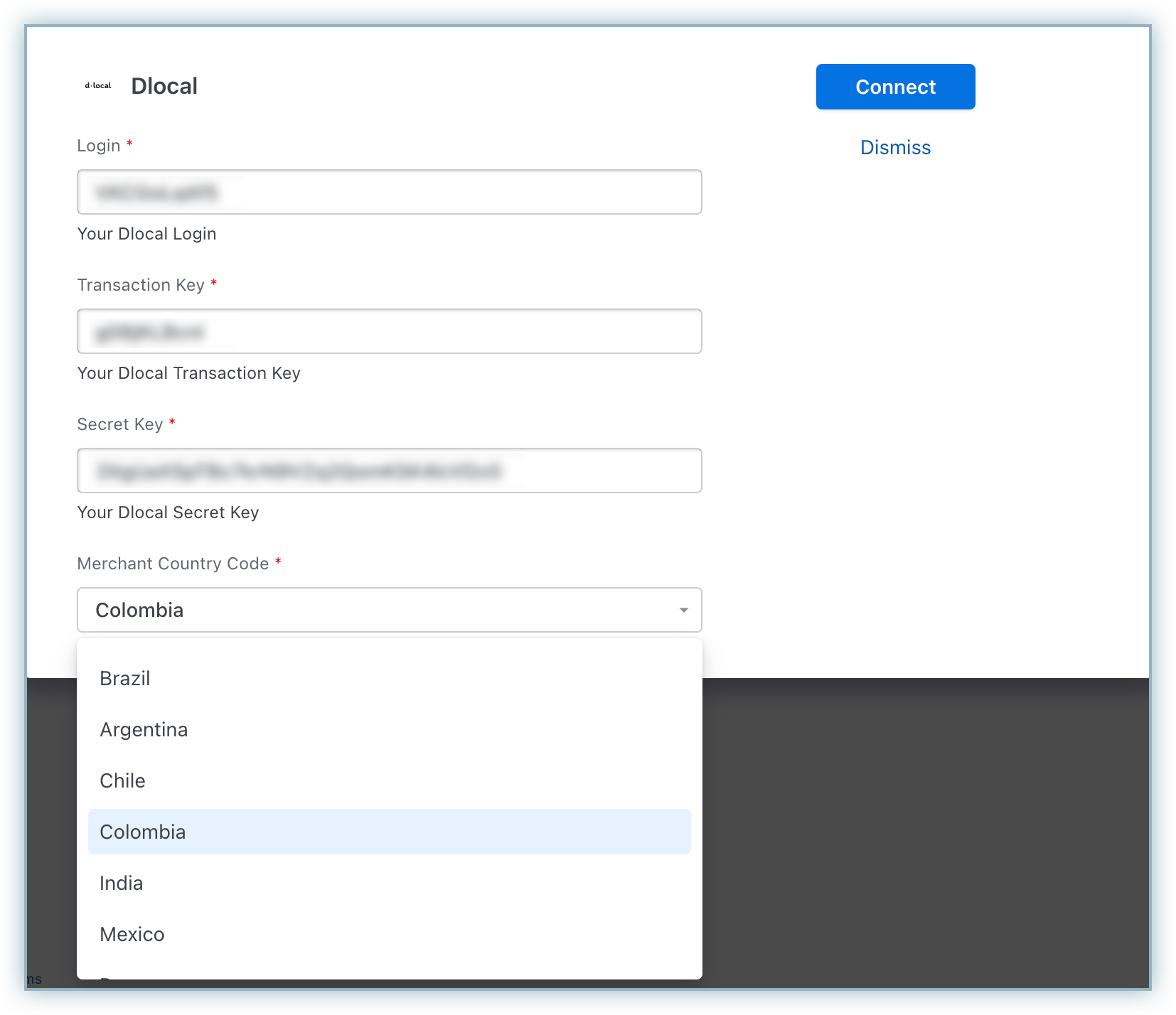 dLocal connection form with Login, Transaction Key, Secret Key, and Merchant Country Code fields