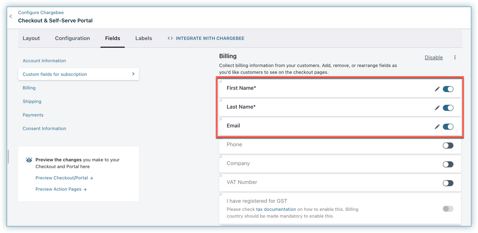 Checkout field settings with First Name and Last Name set as mandatory