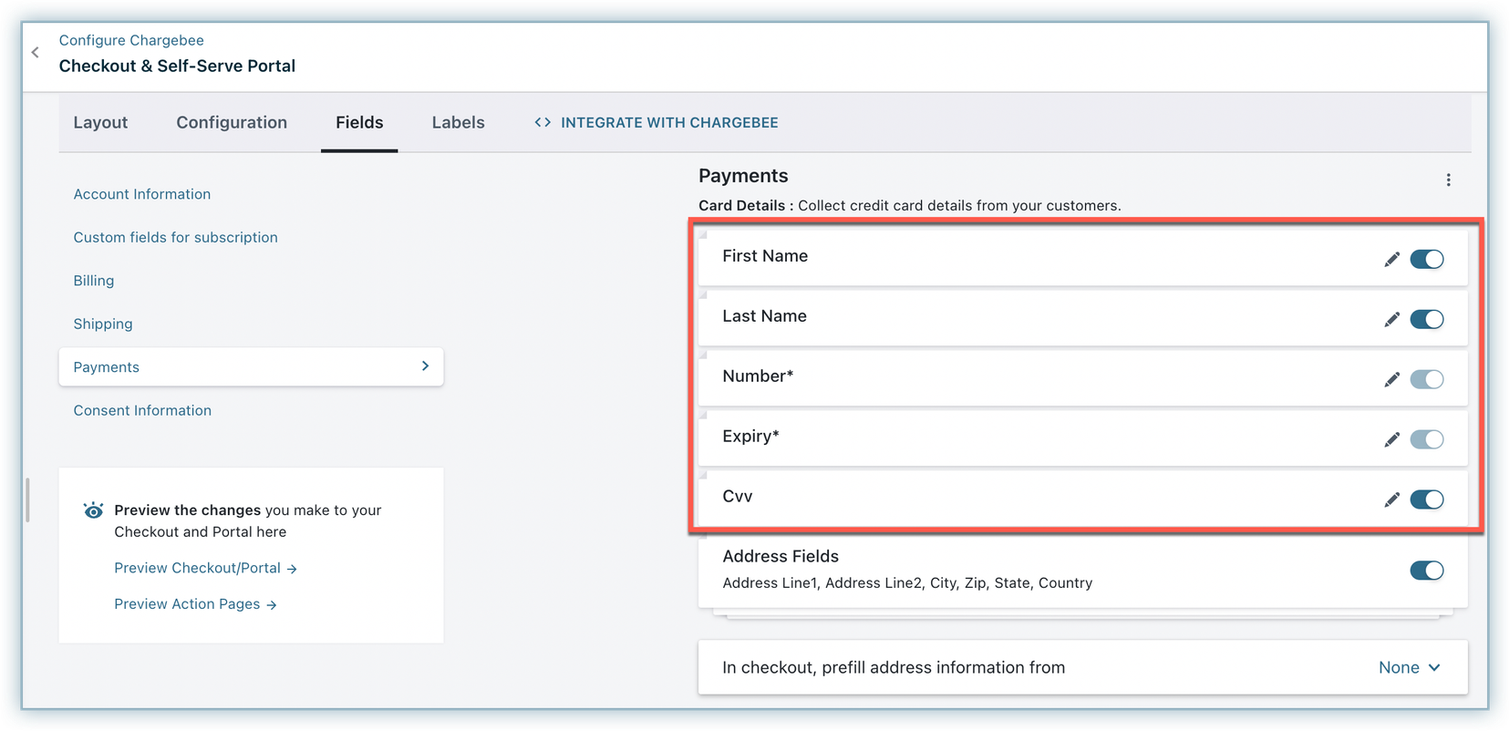 Payment field settings in checkout configuration