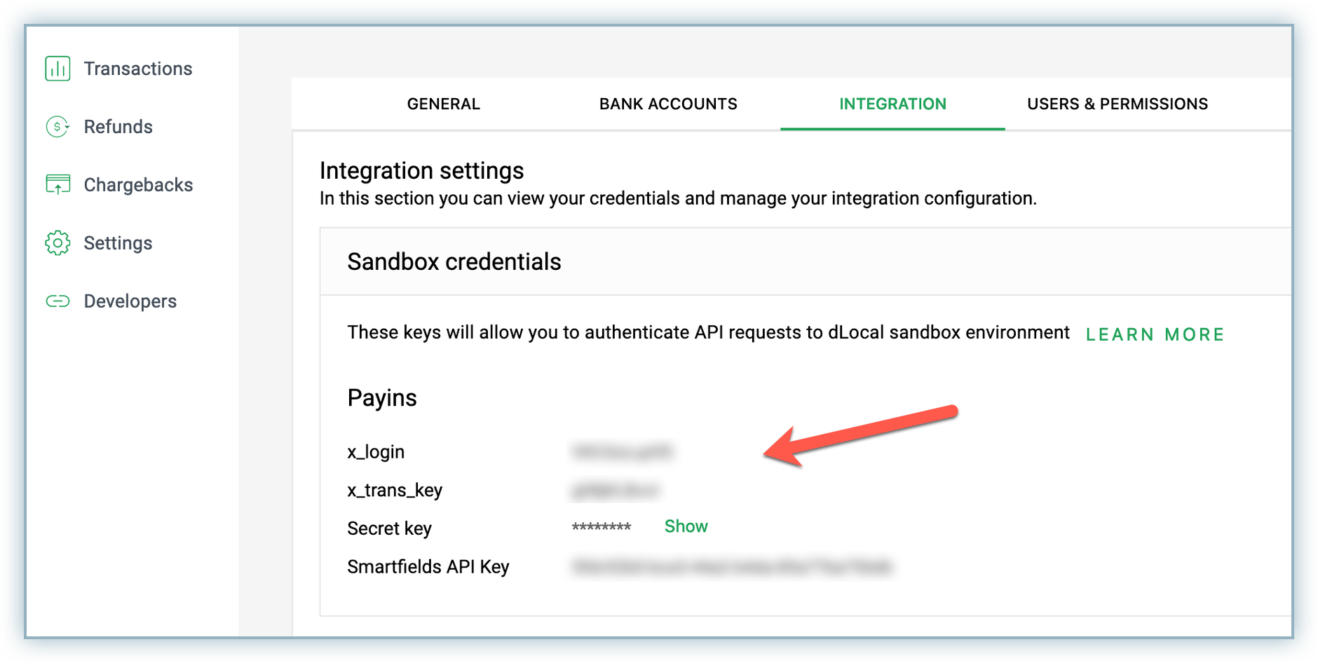 Integration tab in the dLocal dashboard showing the x_login, x_trans_key, and Secret key
