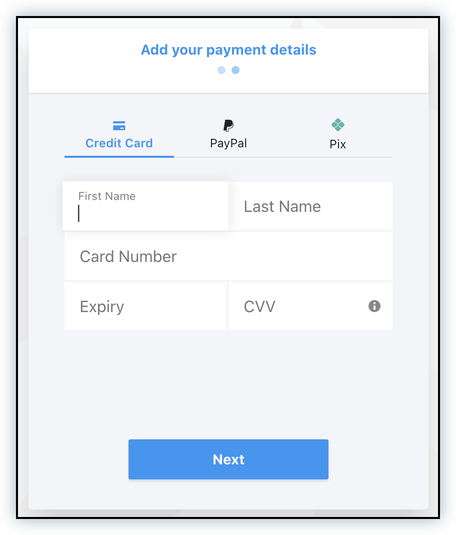 Add your payment details page with Pix listed as a payment method