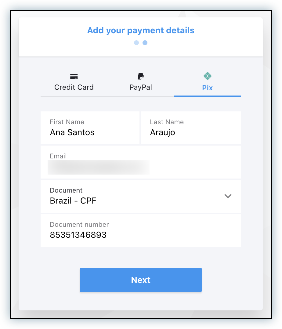 Pix payer details form with name, email, document type, and document number