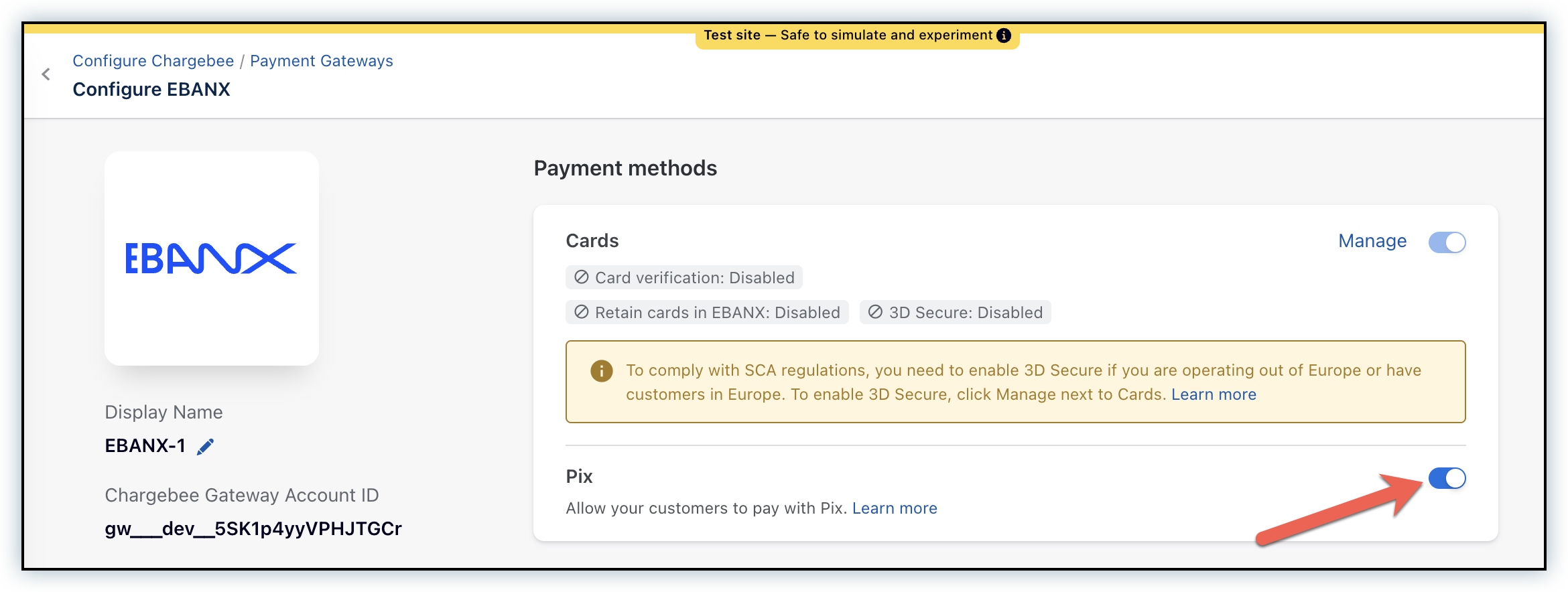 Configure EBANX page with the Pix payment method turned on