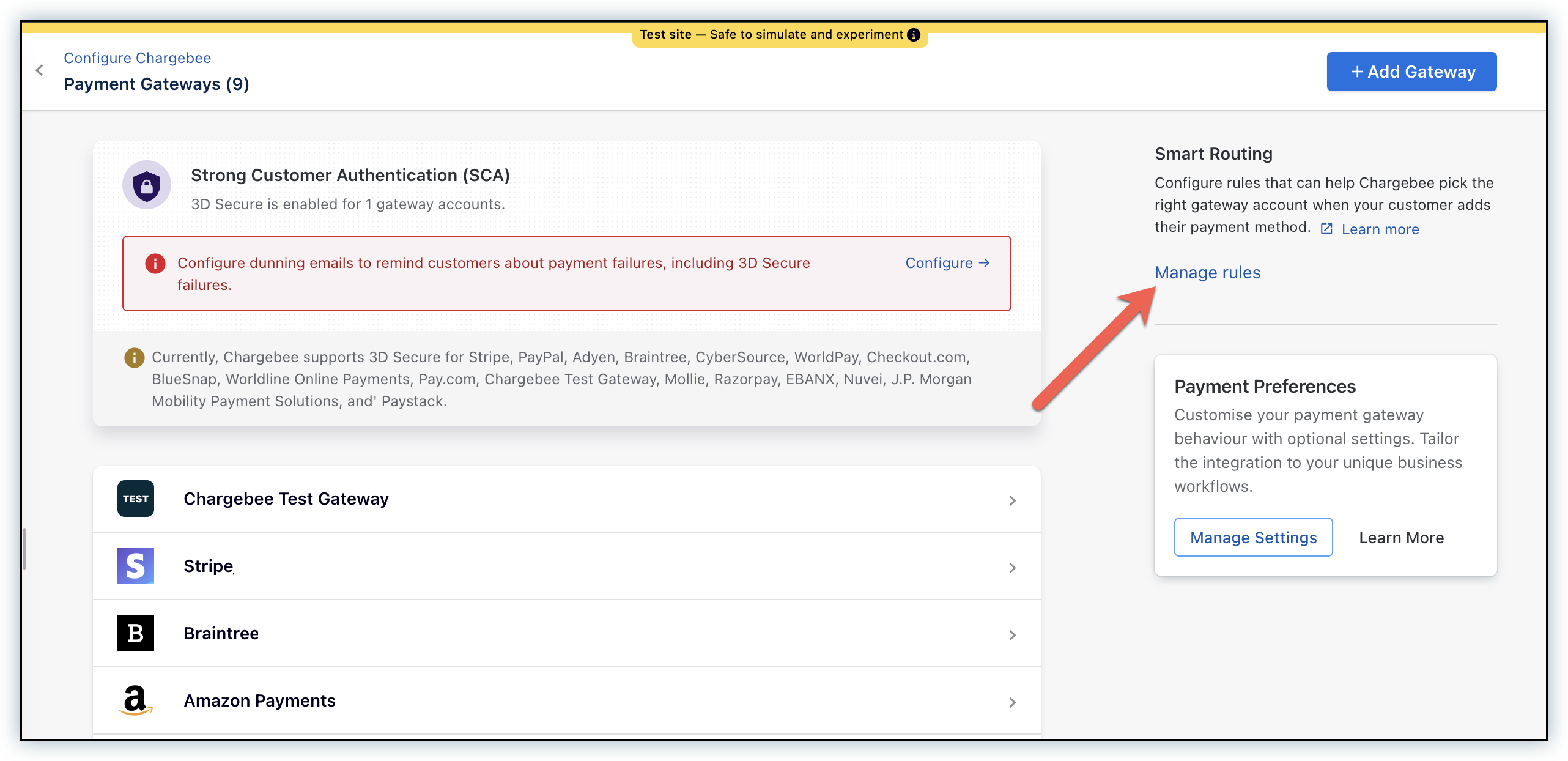 Payment Gateways page with the Manage rules option under Smart Routing