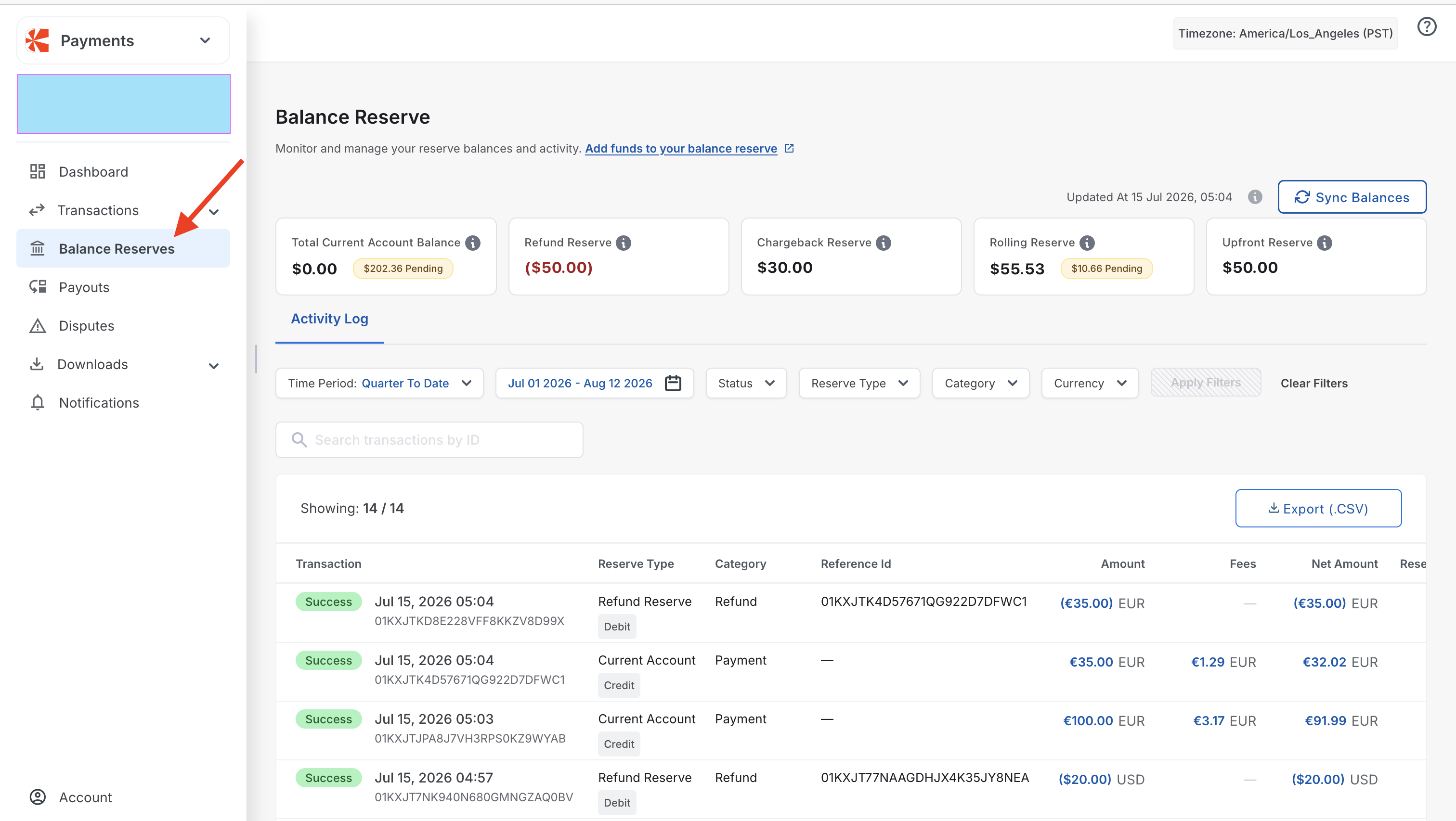 Chargebee Pay Balance Reserve page from sidenav