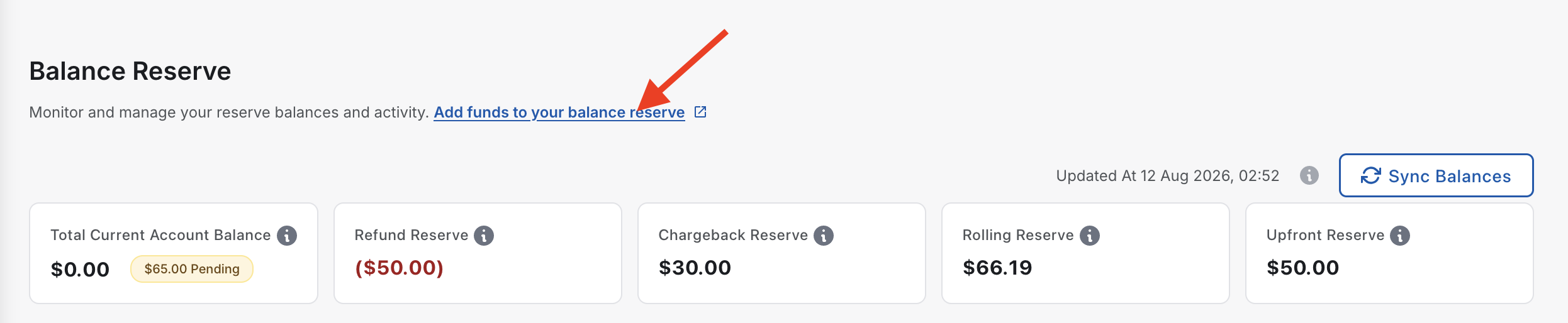 Chargebee Pay Balance Reserve page add funds