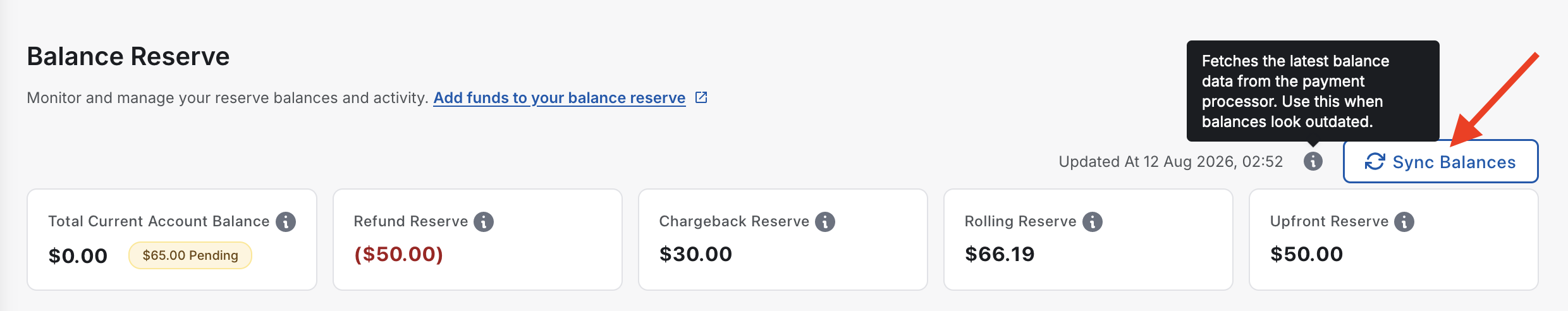Chargebee Pay Balance Reserve page sync button