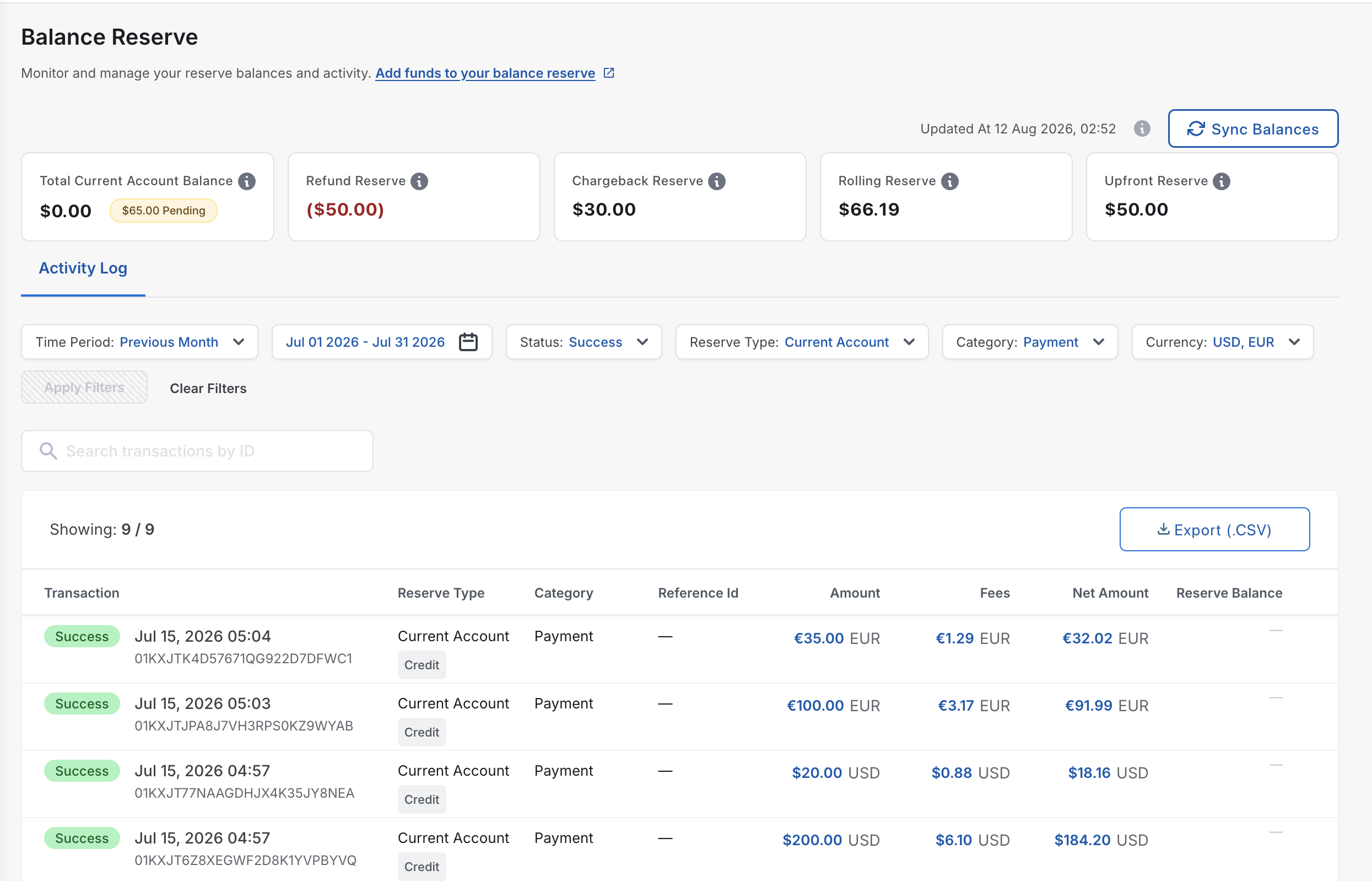 Chargebee Pay Balance Reserve activity logs