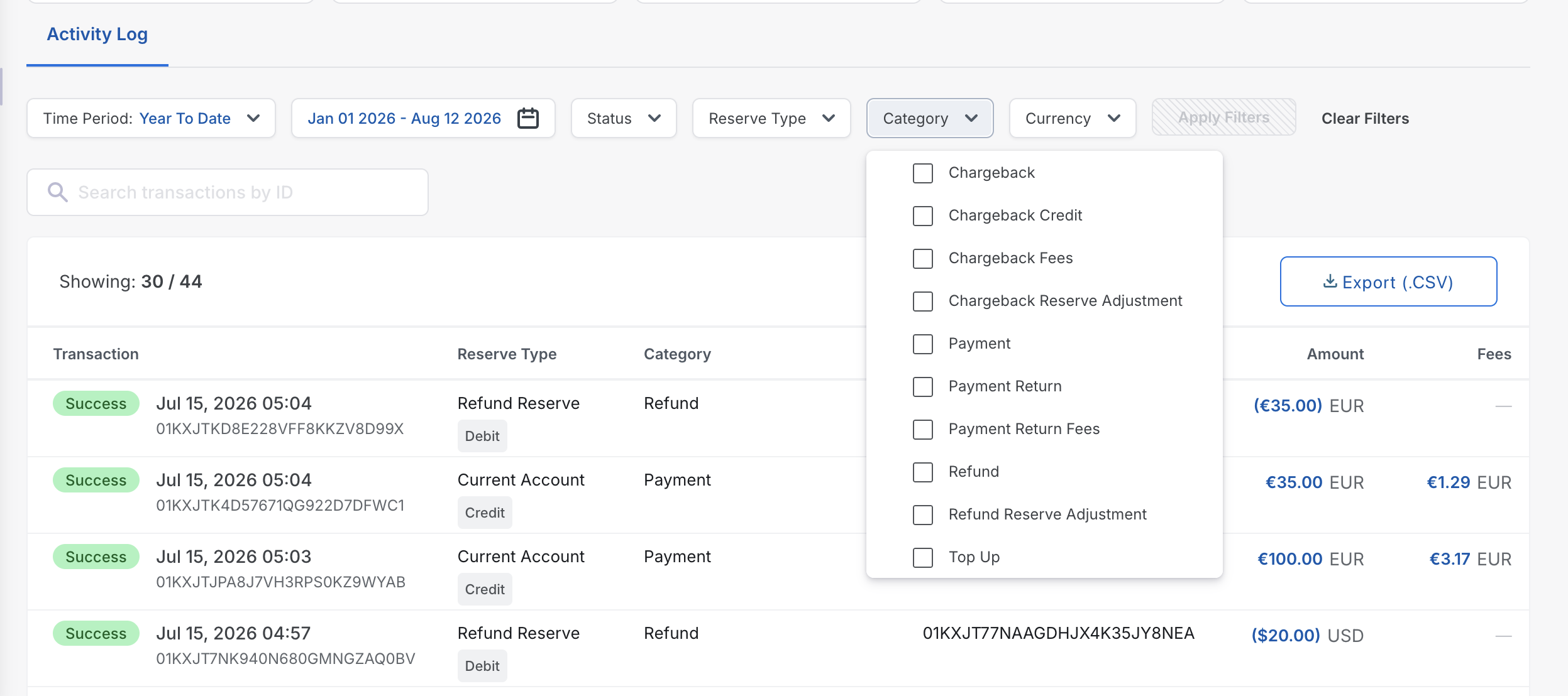 Chargebee Pay Balance Reserve multiple categories