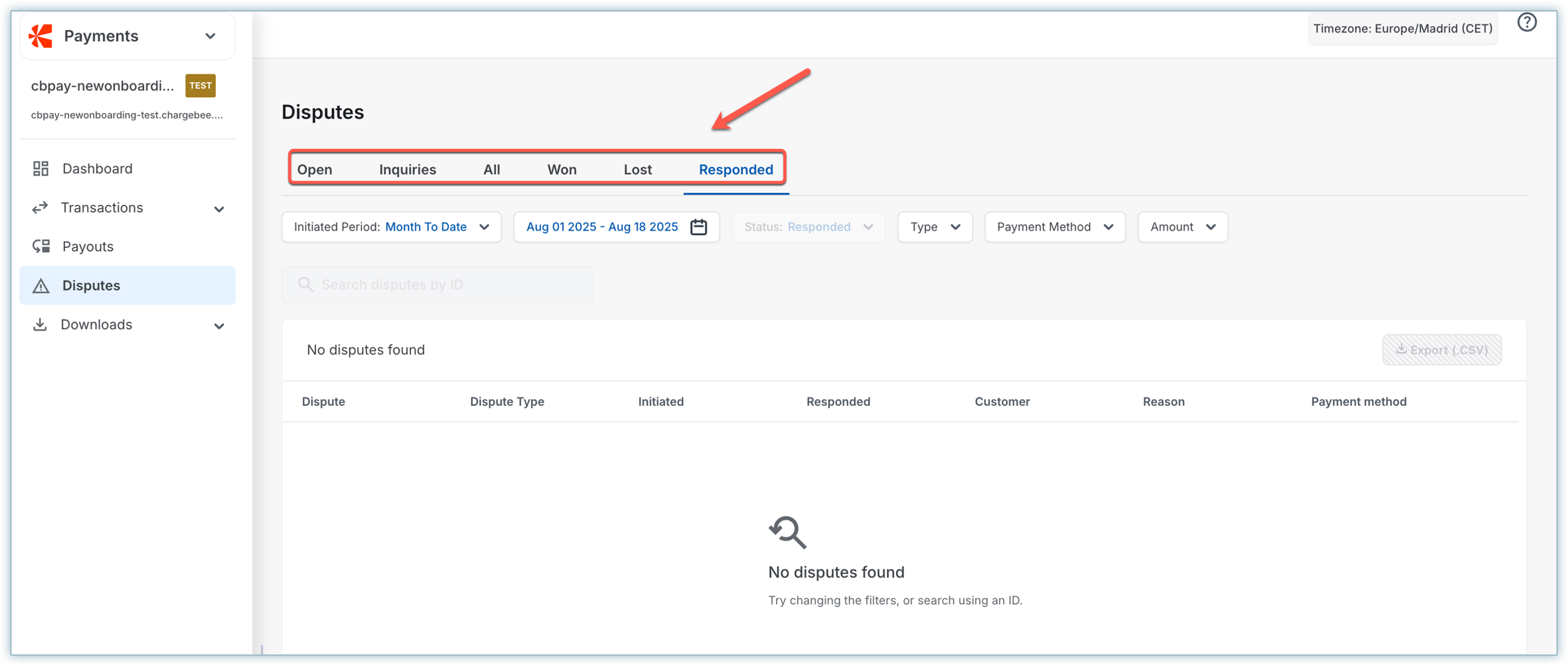 Disputes tab showing different dispute statuses in Chargebee Embedded Payments portal