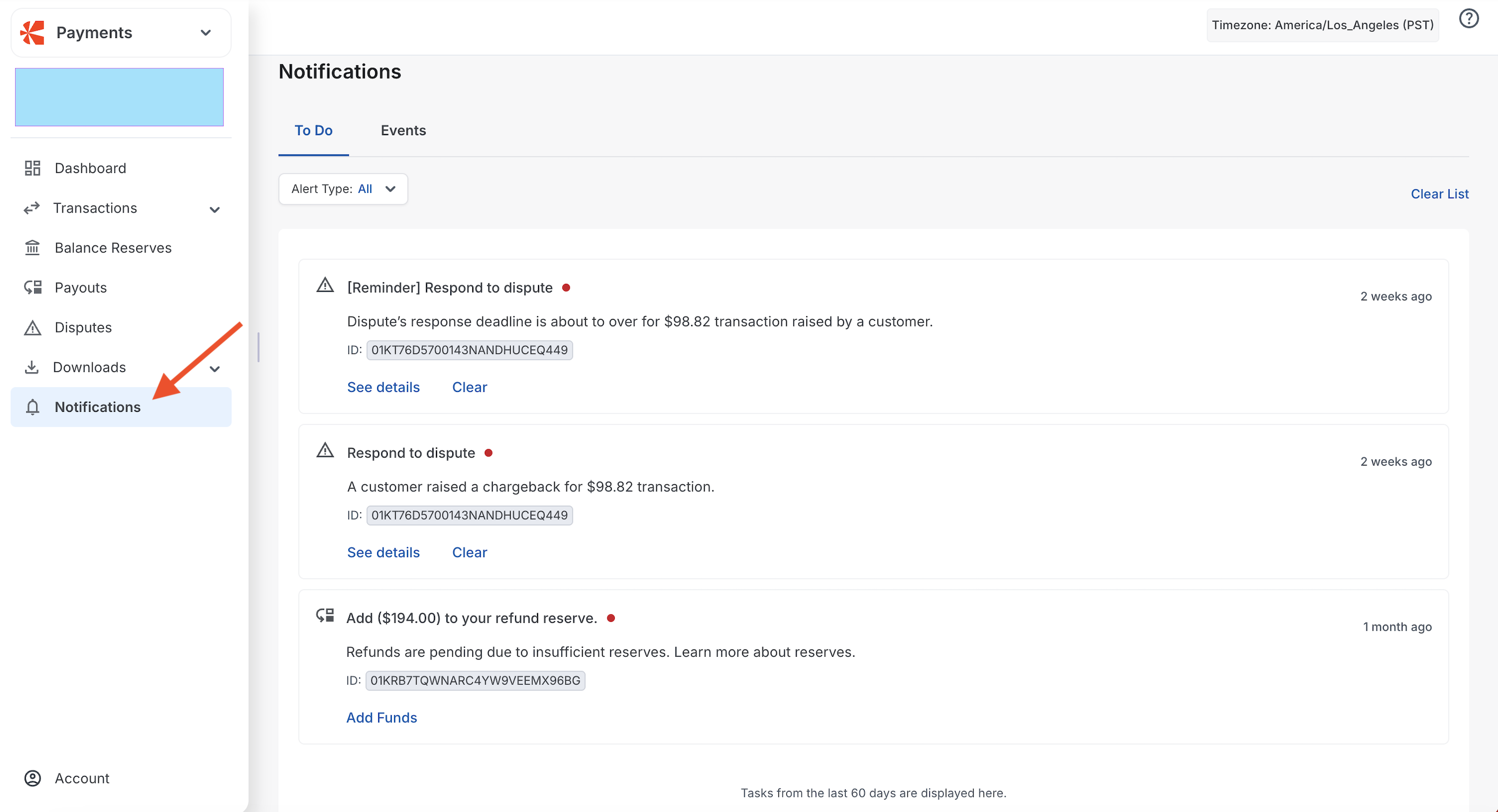 Chargebee Pay Notifications page open on the To Do tab