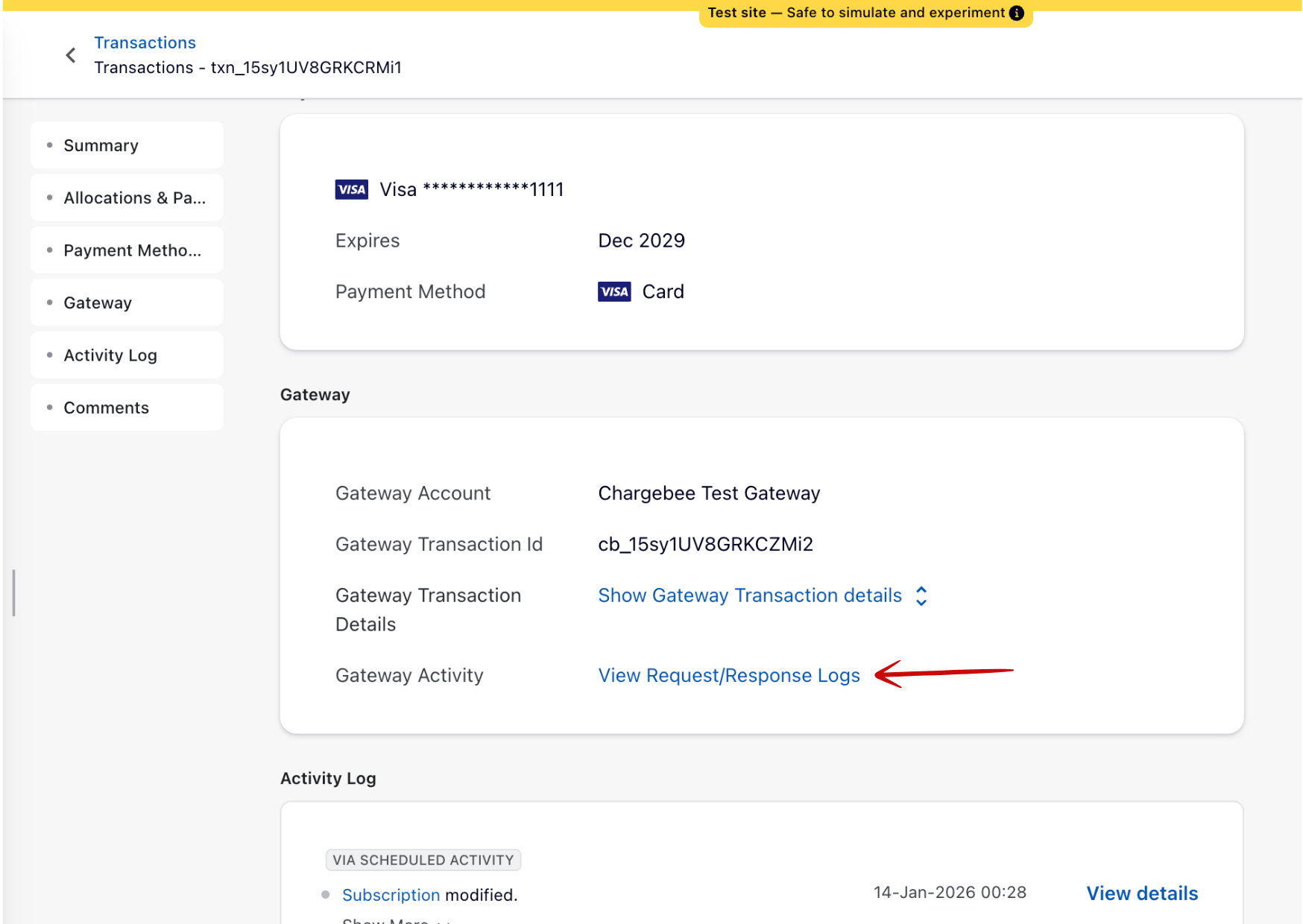 View Gateway Logs from Transaction Details